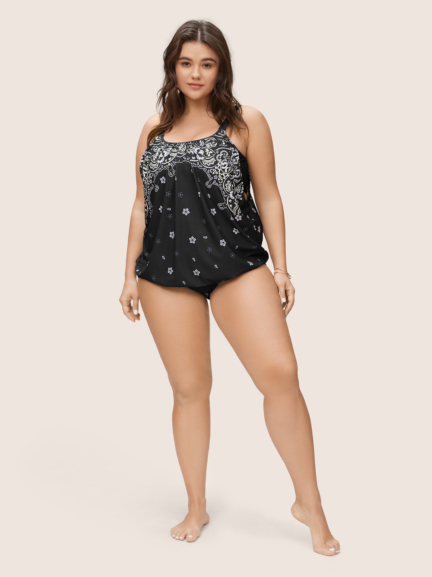 

Plus Size Boho Print Cut Out Adjustable Straps Swim Top Women's Swimwear Black Beach Non High stretch Bodycon U-neck Curve Swim Tops BloomChic