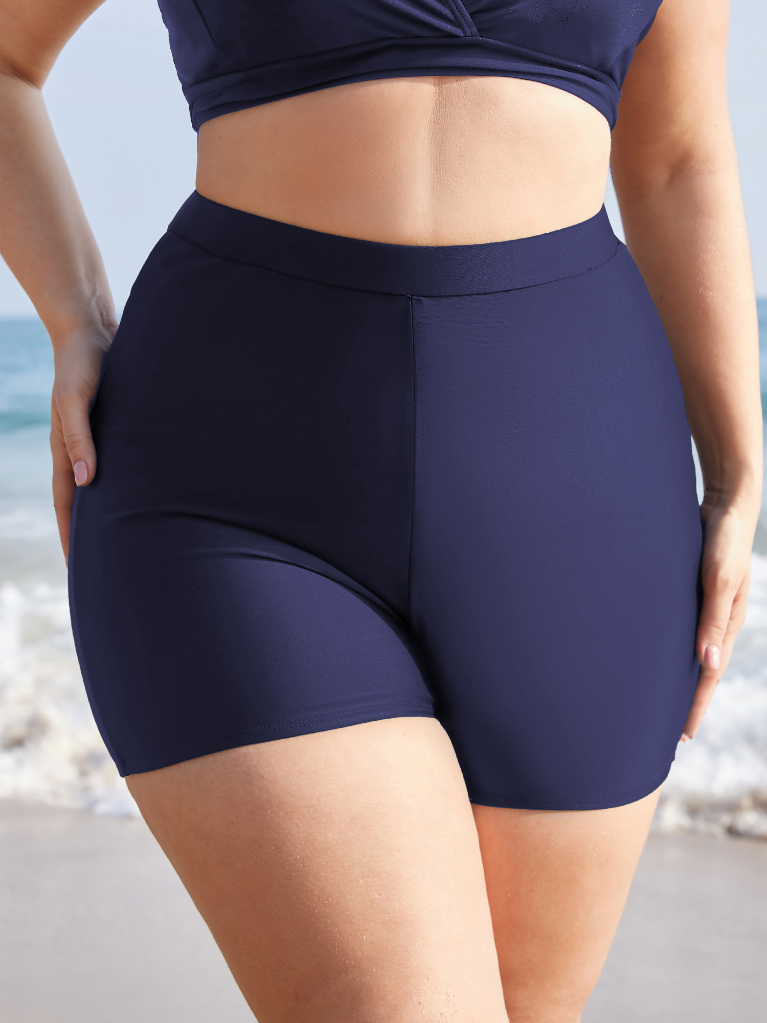 

Plus Size Plain Elastic Waist Swim Shorts Women's Swimwear Indigo Beach Non High stretch Skinny High Rise Curve Swim Bottoms BloomChic