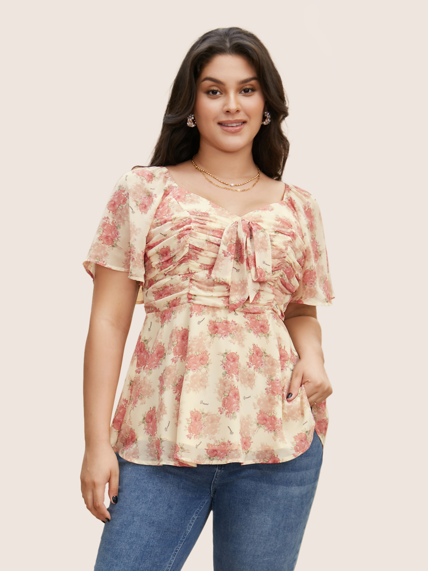 

Plus Size Blush Heart Neckline Floral Tie Knot Ruched Blouse Women Elegant Short sleeve Heart neckline Everyday Blouses BloomChic