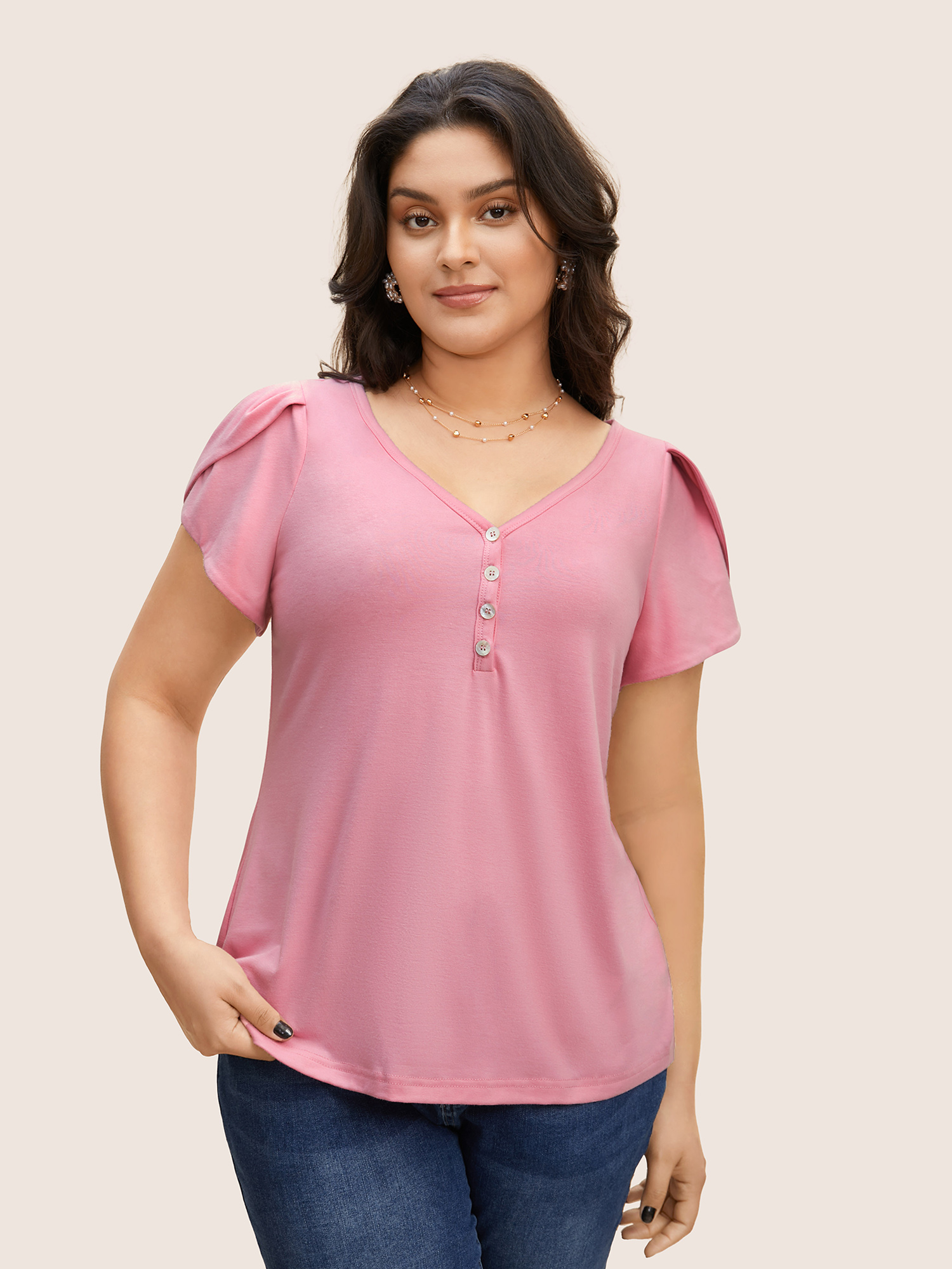 

Plus Size Medium stretch Petal Sleeve Button Up T-shirt Watermelon Women Elegant Button V-neck Bodycon Everyday T-shirts BloomChic