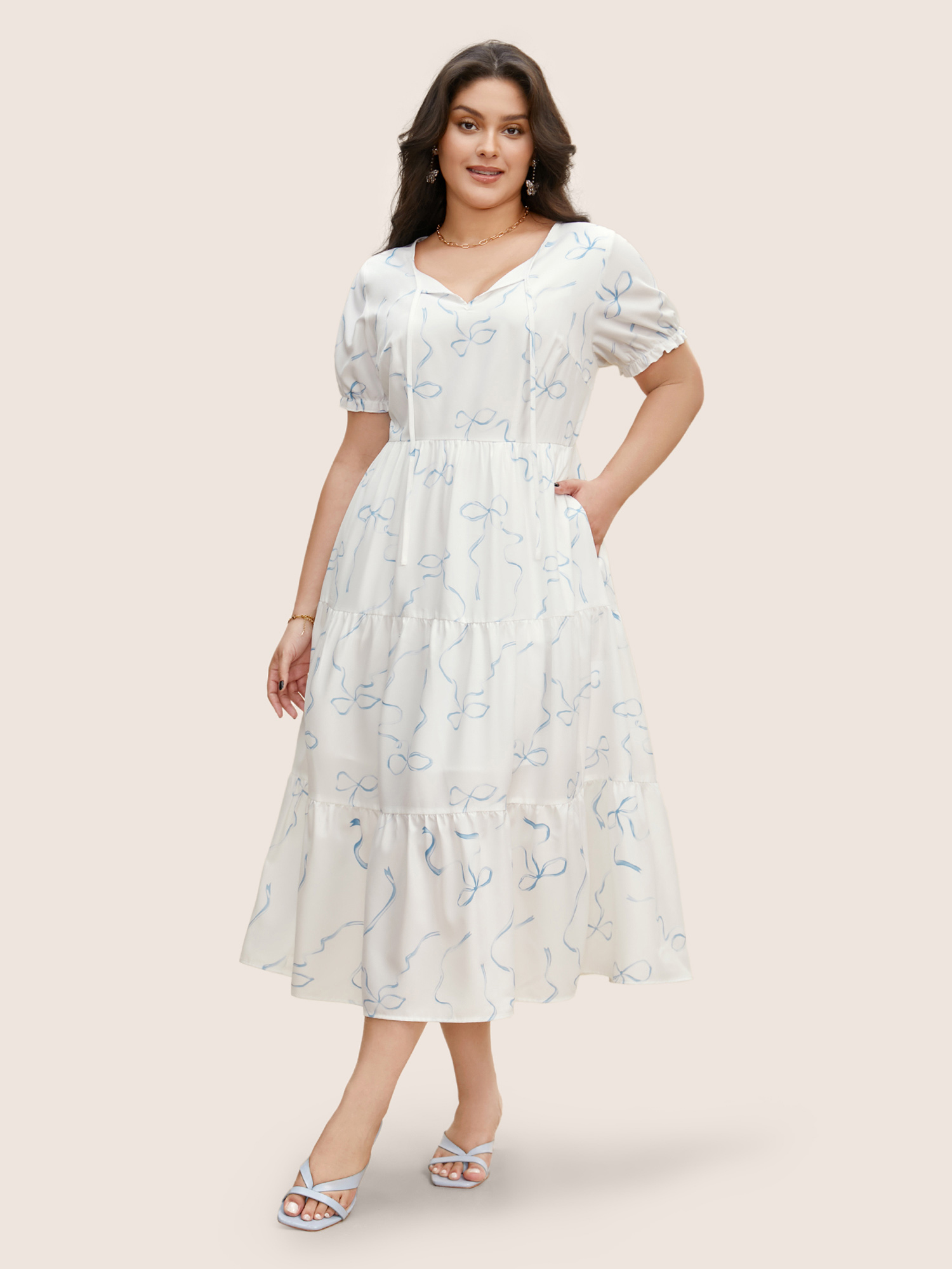 

Plus Size Bowknot Print Tie Knot Lantern Sleeve Midi Dress Originalwhite Women Elegant Tie knot Round Neck Short sleeve Curvy BloomChic