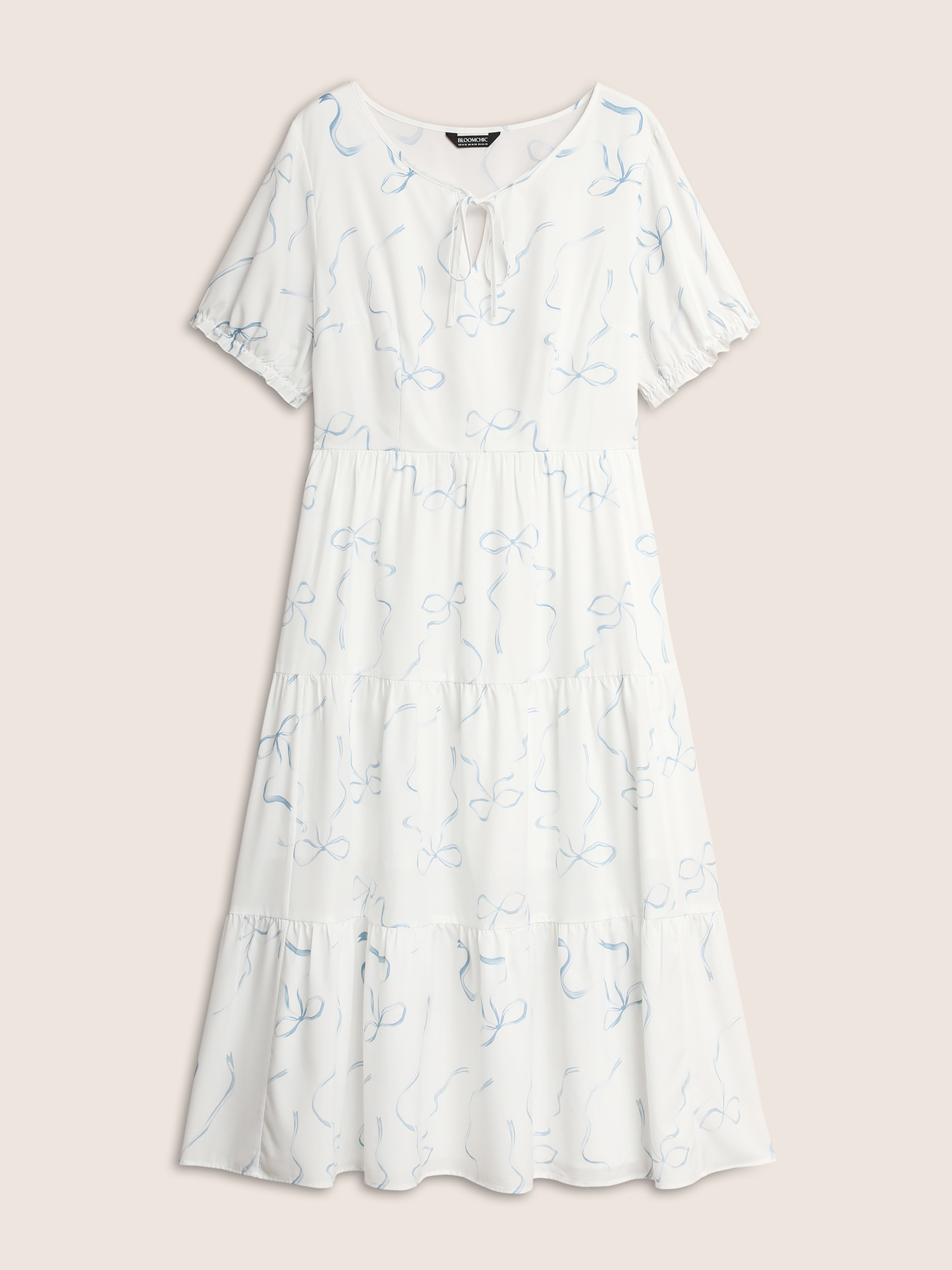 

Plus Size Bowknot Print Tie Knot Lantern Sleeve Midi Dress Originalwhite Women Elegant Tie knot Round Neck Short sleeve Curvy BloomChic