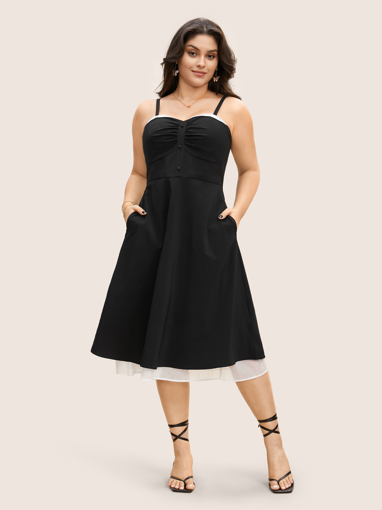 

Plus Size Organza Patchwork Button Detail Cami Dress Black Women Gathered Non Sleeveless Curvy BloomChic