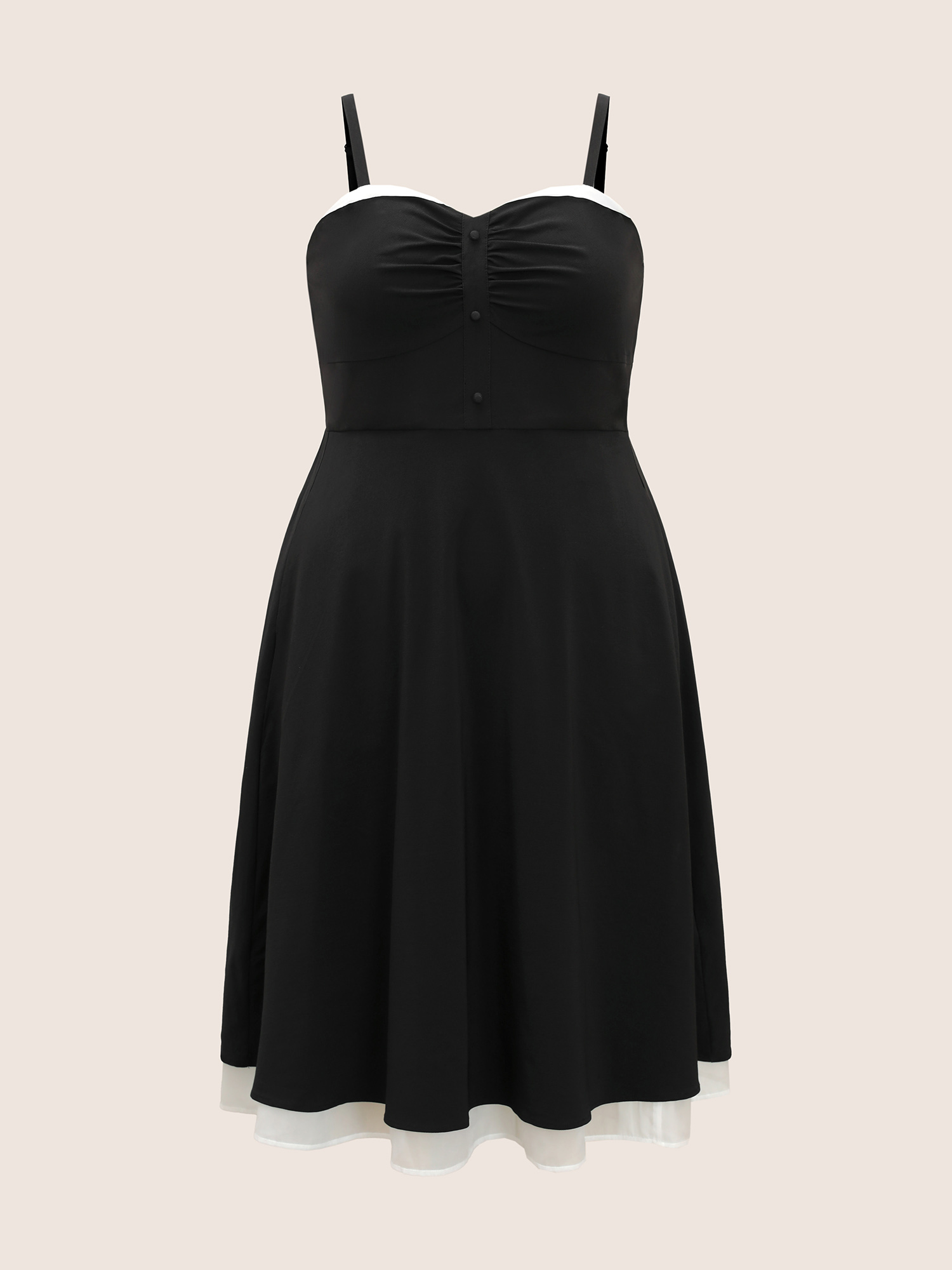 

Plus Size Organza Patchwork Button Detail Cami Dress Black Women Gathered Non Sleeveless Curvy BloomChic