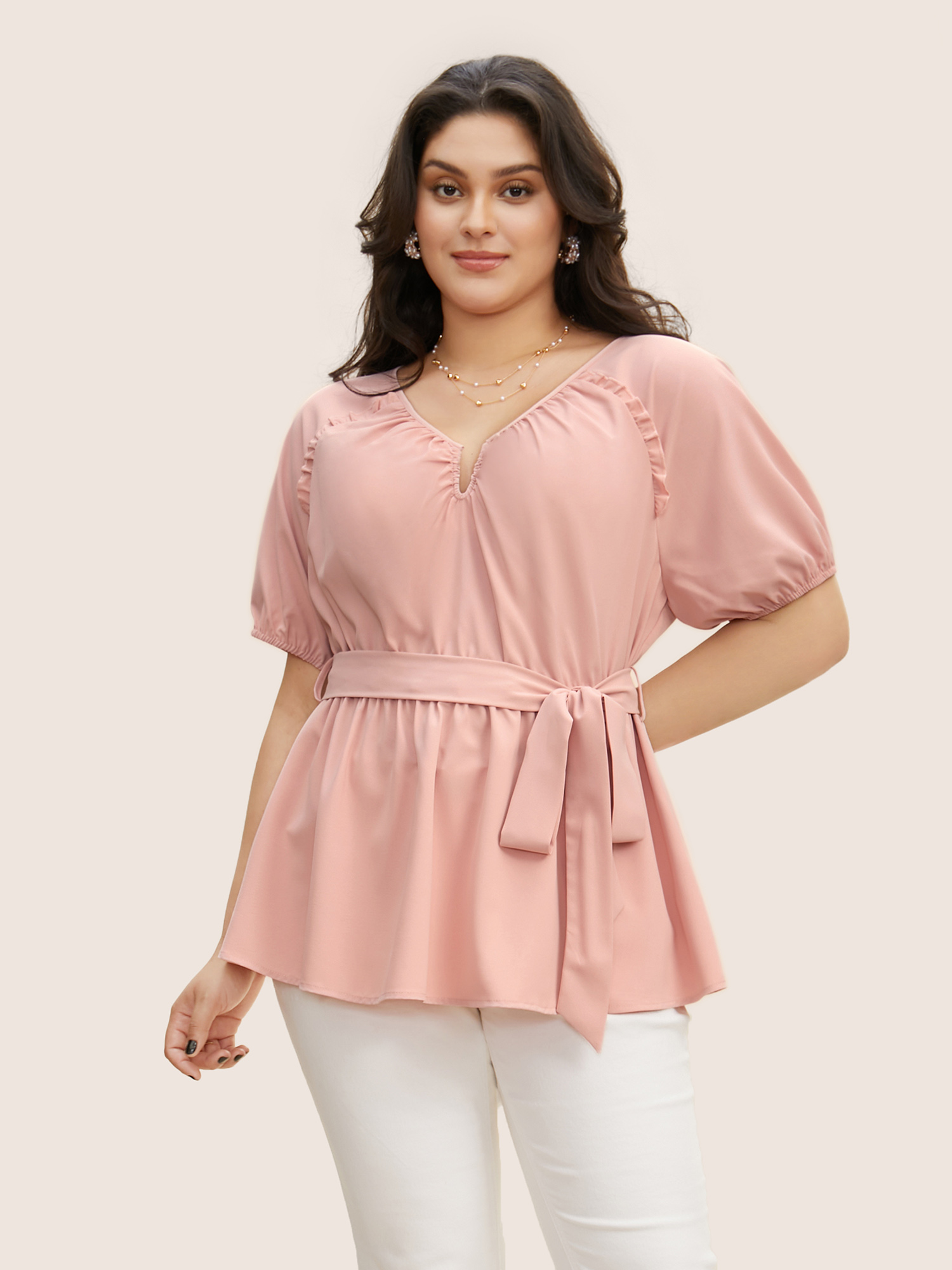 

Plus Size Dirtypink Solid Frill Trim Lantern Sleeve Belted Blouse Women Elegant Short sleeve Notched collar Everyday Blouses BloomChic