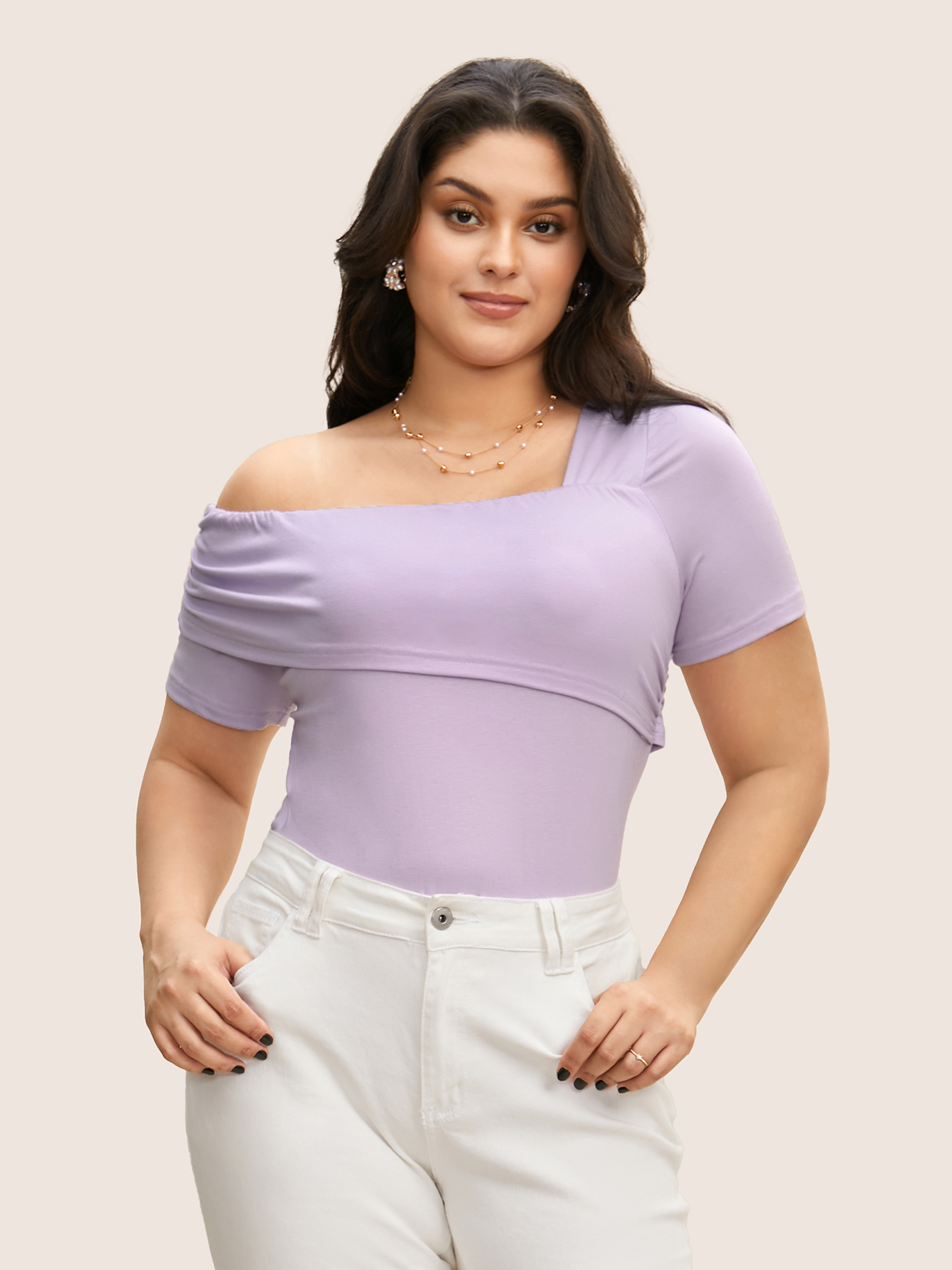 

Plus Size Solid One Shoulder Ruched Ruffles T-shirt Lavender Women Elegant Non Asymmetrical Neck Bodycon Everyday T-shirts BloomChic