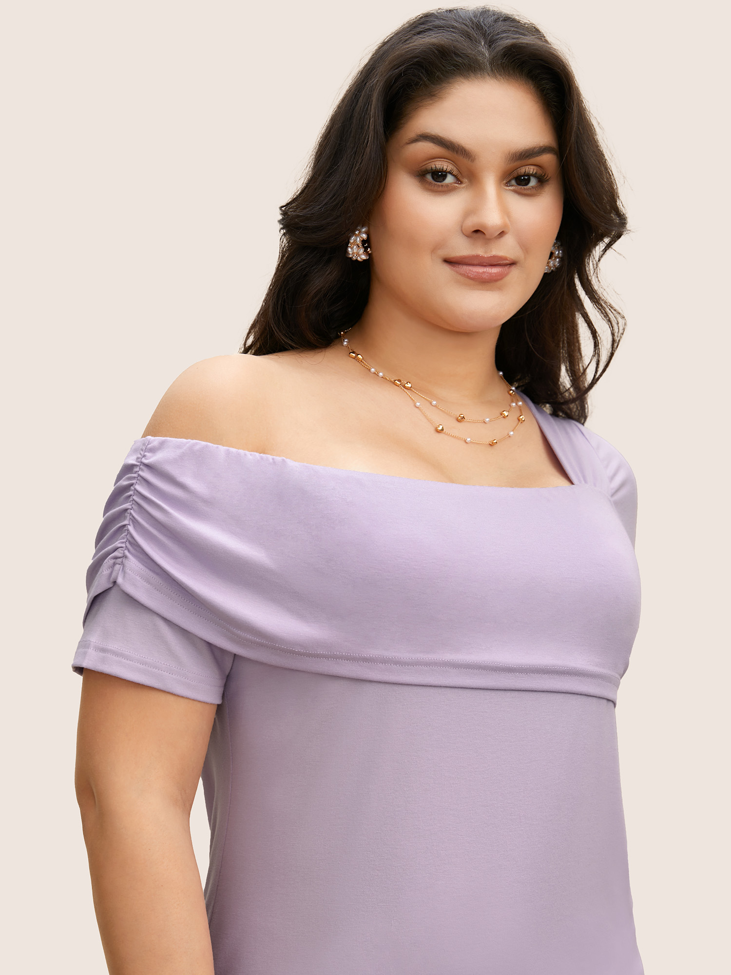 

Plus Size Solid One Shoulder Ruched Ruffles T-shirt Lavender Women Elegant Non Asymmetrical Neck Bodycon Everyday T-shirts BloomChic