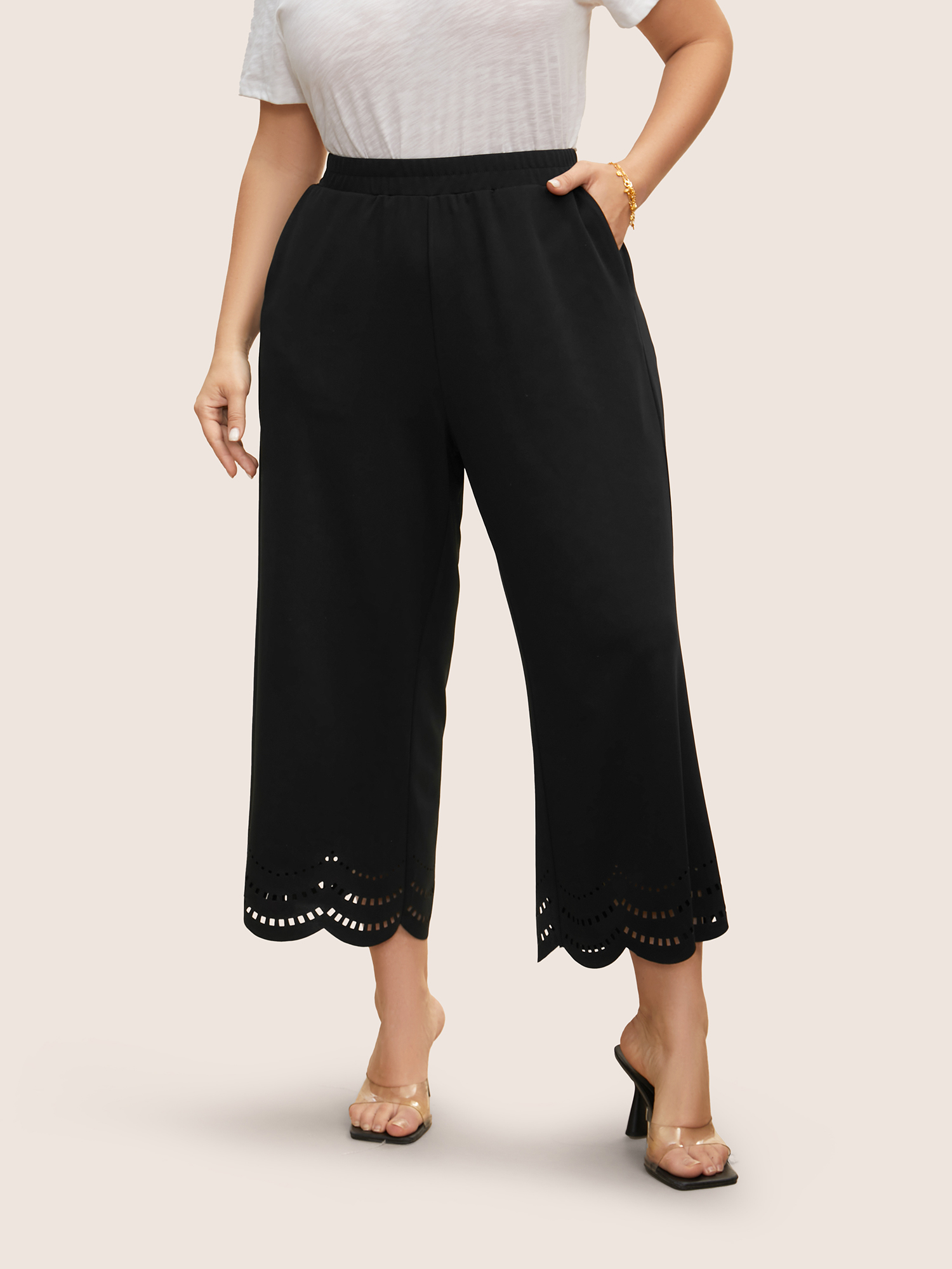 

Plus Size Medium stretch Laser Cut Elastic Waist Pants Women Black Elegant Wide Leg Mid Rise Everyday Pants BloomChic