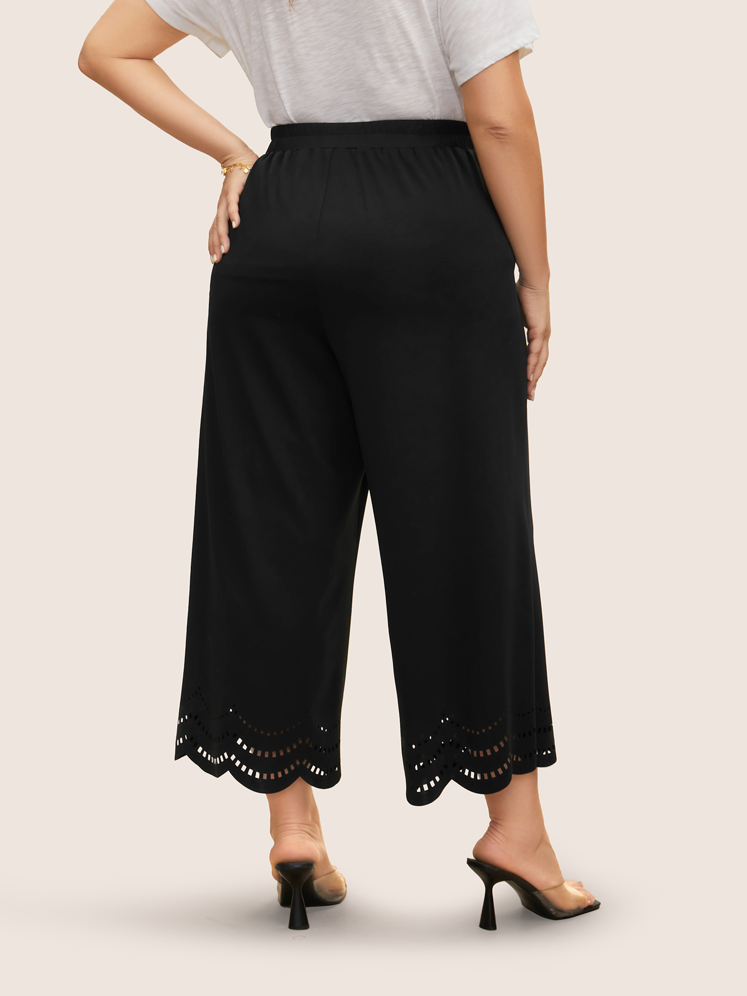 Plus Size Medium stretch Laser Cut Elastic Waist Pants Women Black Elegant Wide Leg Mid Rise Everyday Pants BloomChic 10/M 