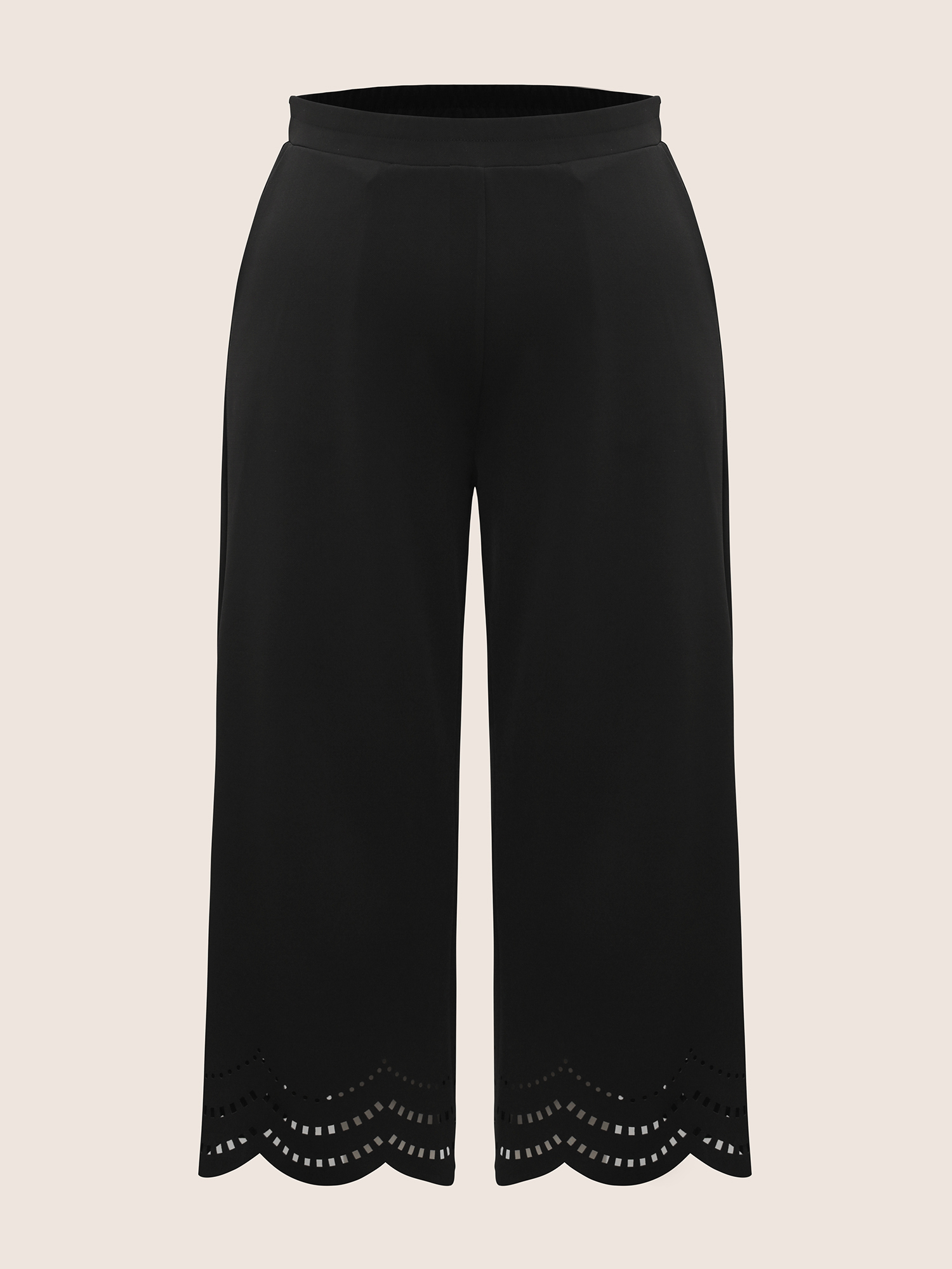 Plus Size Medium stretch Laser Cut Elastic Waist Pants Women Black Elegant Wide Leg Mid Rise Everyday Pants BloomChic 10/M 