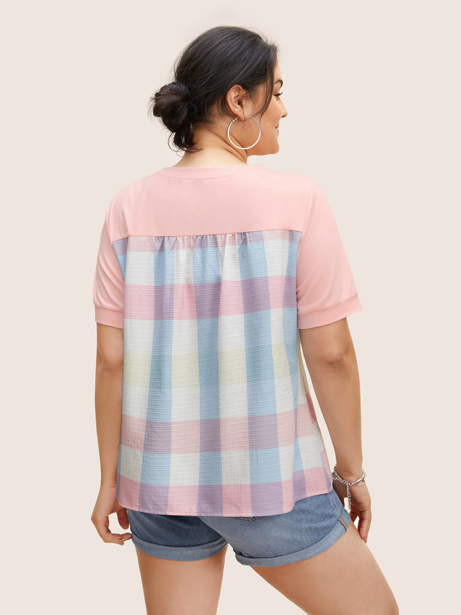 

Plus Size Crew Neck Colored Plaid Patchwork Gathered T-shirt Nudepink Women Casual Contrast Round Neck Everyday T-shirts BloomChic