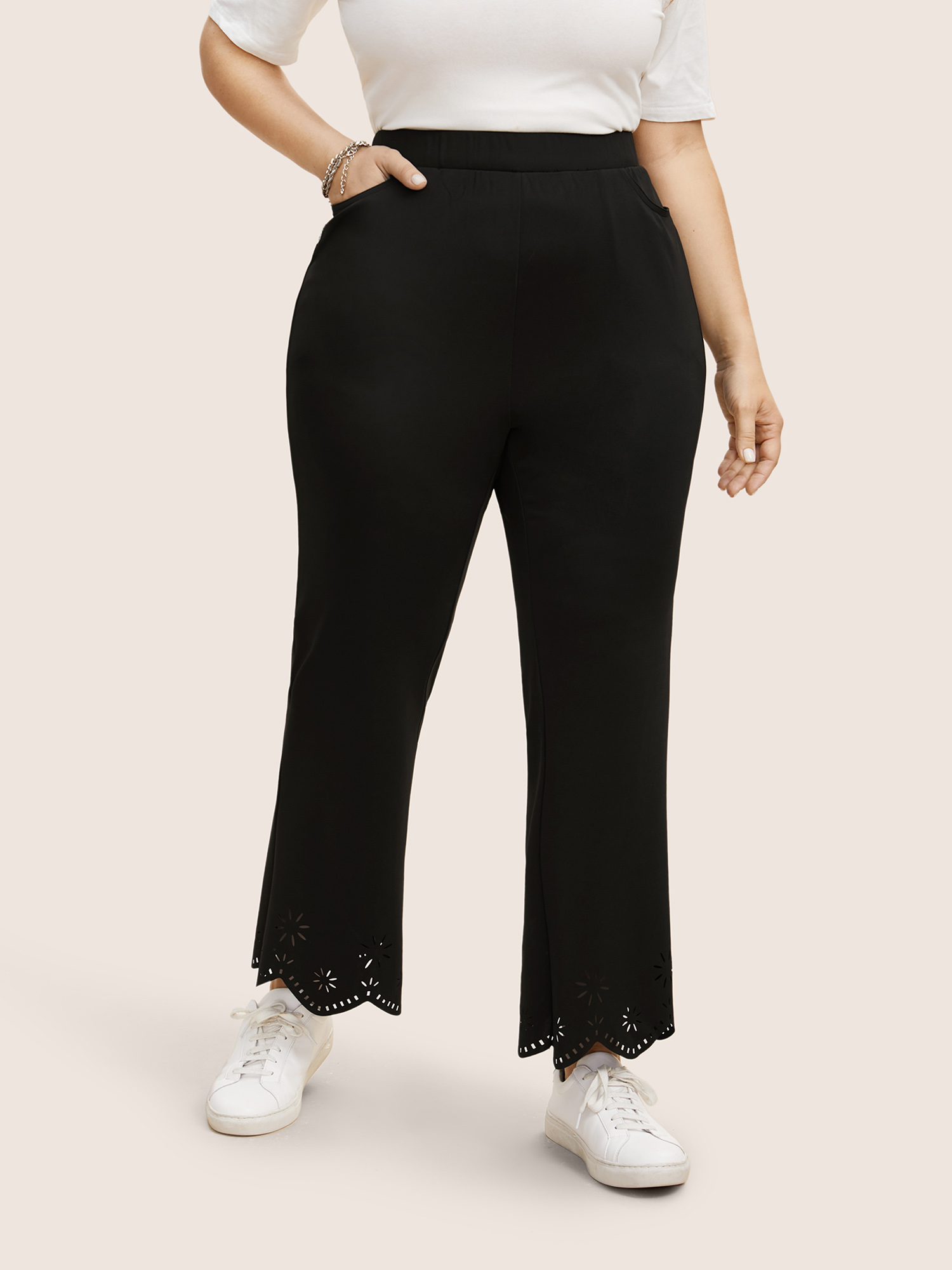 

Plus Size Medium Stretch Laser Cut Elastic Waist Bootcut Pants Women Black Elegant Bootcut Mid Rise Everyday Pants BloomChic
