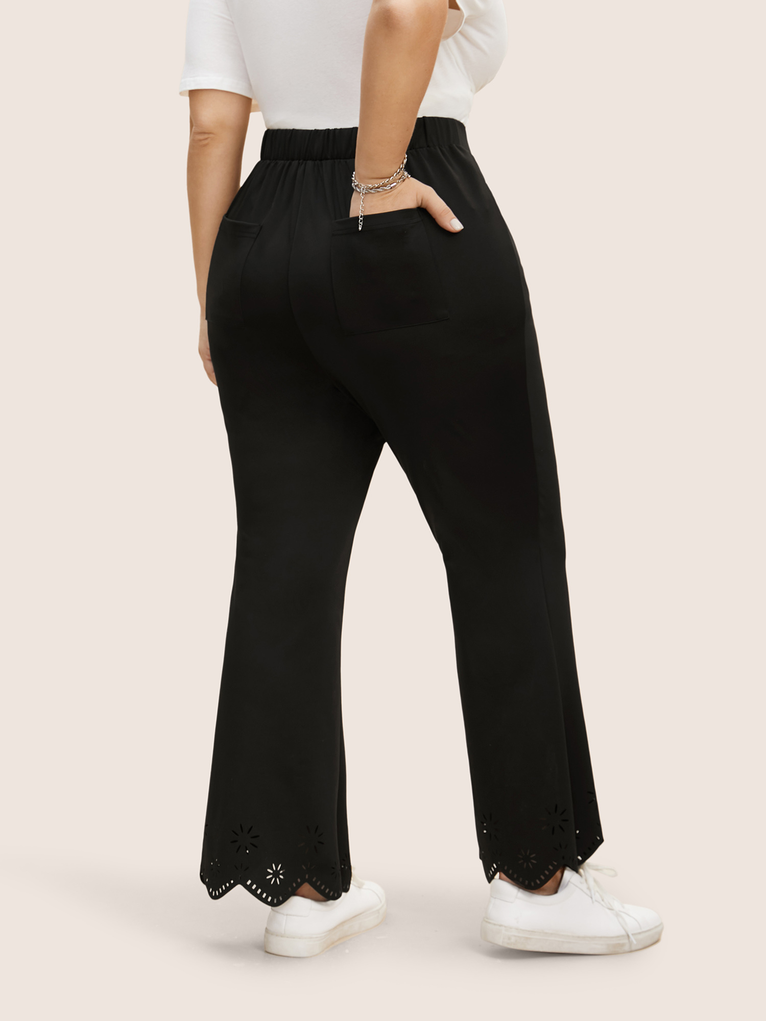 

Plus Size Medium Stretch Laser Cut Elastic Waist Bootcut Pants Women Black Elegant Bootcut Mid Rise Everyday Pants BloomChic