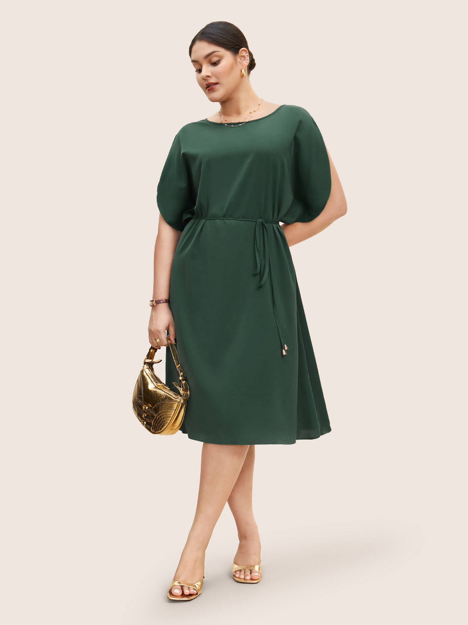 

Plus Size Solid Boat Neck Dolman Sleeve Belted Dress DarkGreen Women Work From Home Belted Boat Neck Cap Sleeve Curvy BloomChic