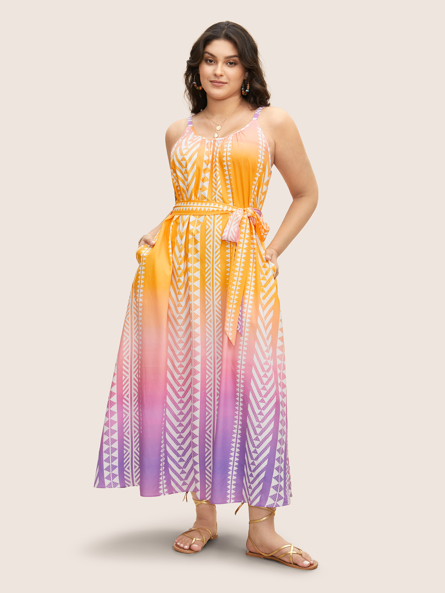 Plus Size Ombre Contrast Geometric Belted Maxi Dress Amber Women Belted Non Sleeveless Curvy BloomChic 12/L 