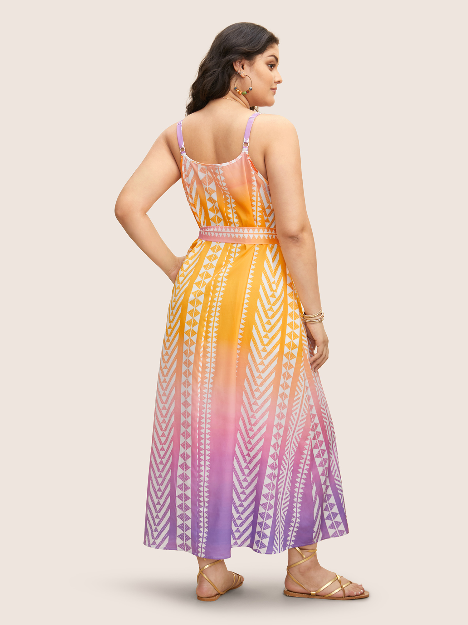 Plus Size Ombre Contrast Geometric Belted Maxi Dress Amber Women Belted Non Sleeveless Curvy BloomChic 12/L 