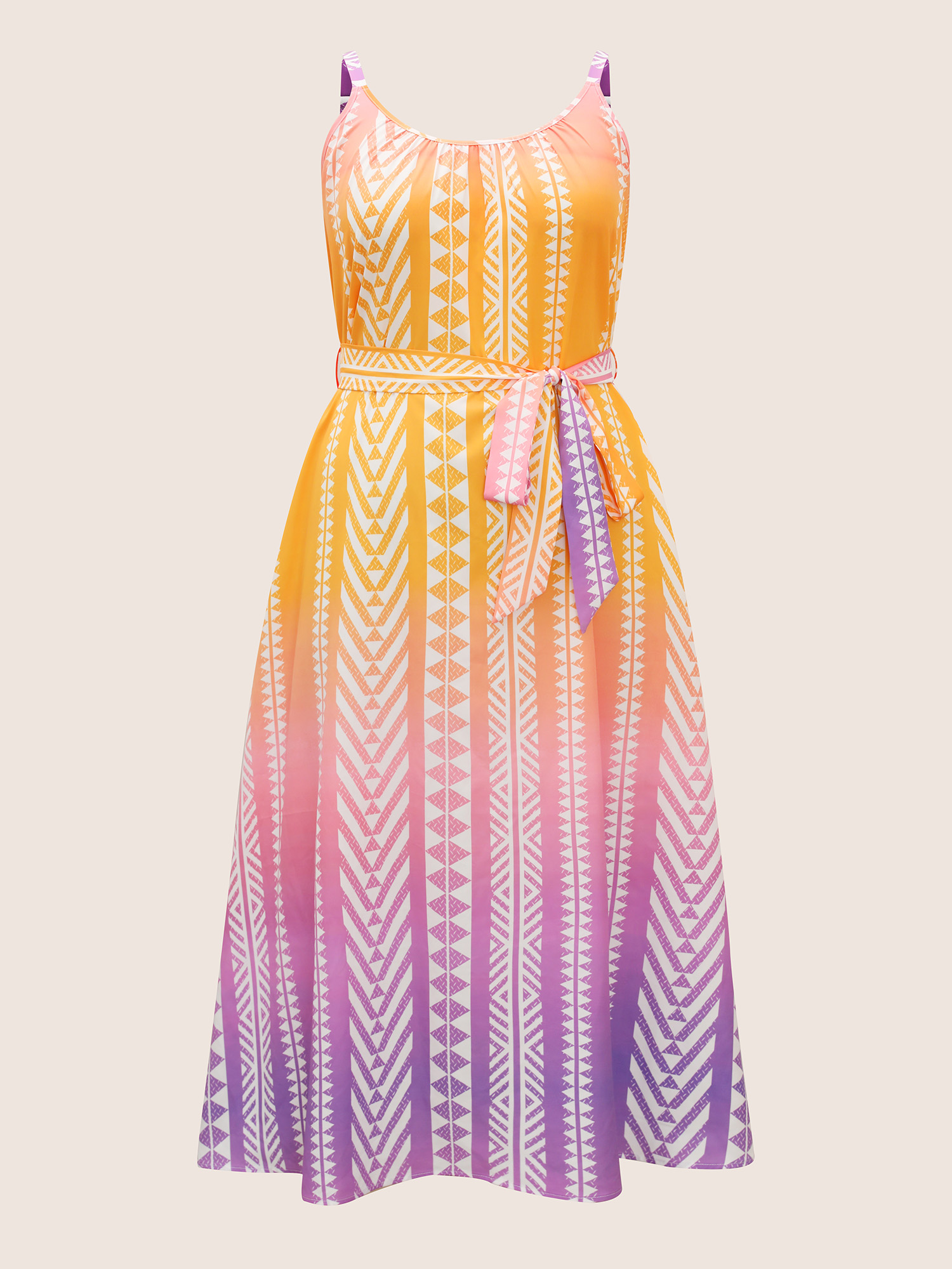 Plus Size Ombre Contrast Geometric Belted Maxi Dress Amber Women Belted Non Sleeveless Curvy BloomChic 12/L 