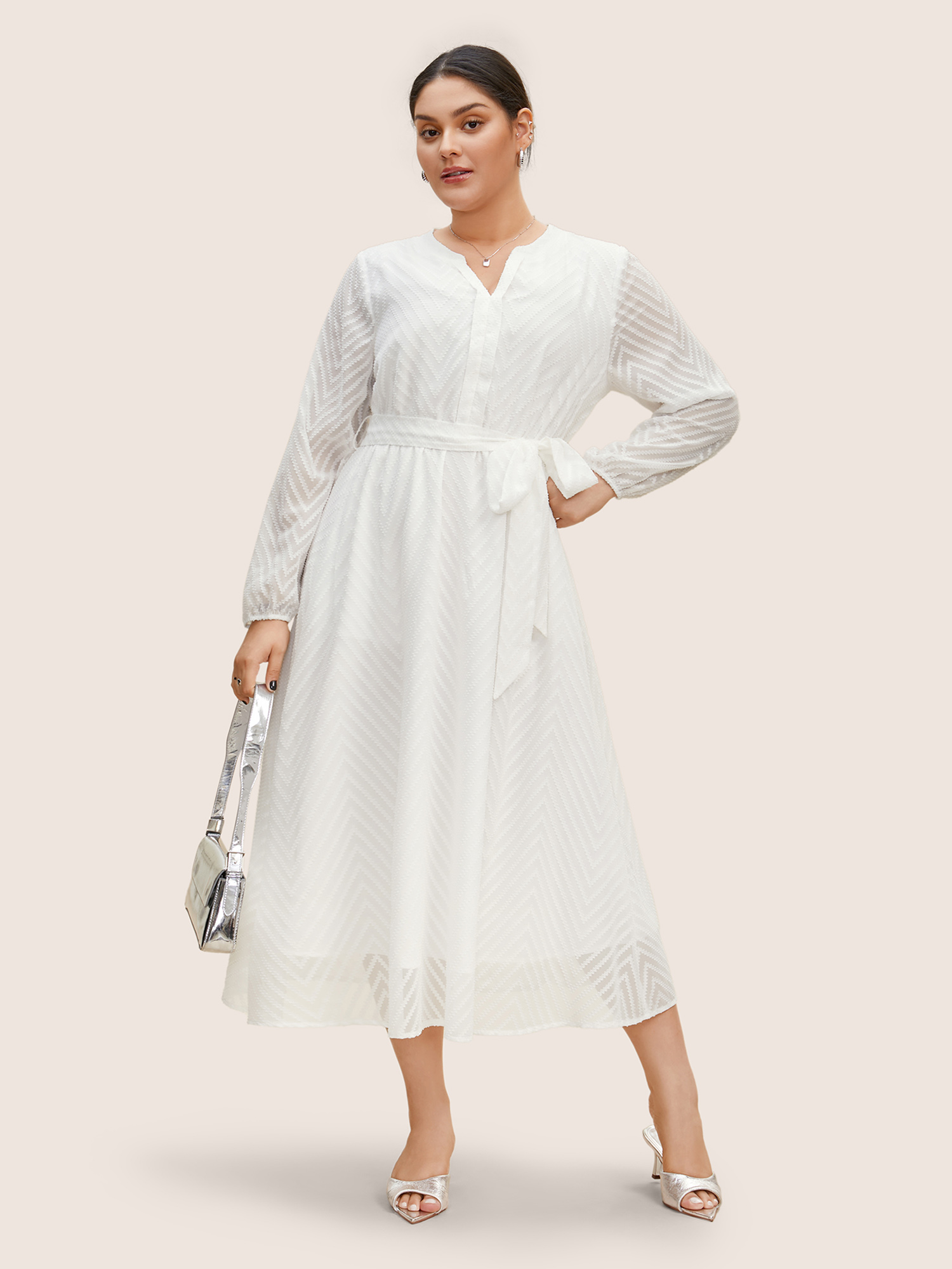 

Plus Size Solid Geometric Pocket Mesh Lantern Sleeve Belted Dress Originalwhite Women Pocket Flat collar with V-notch Short sleeve Curvy Midi Dress BloomChic