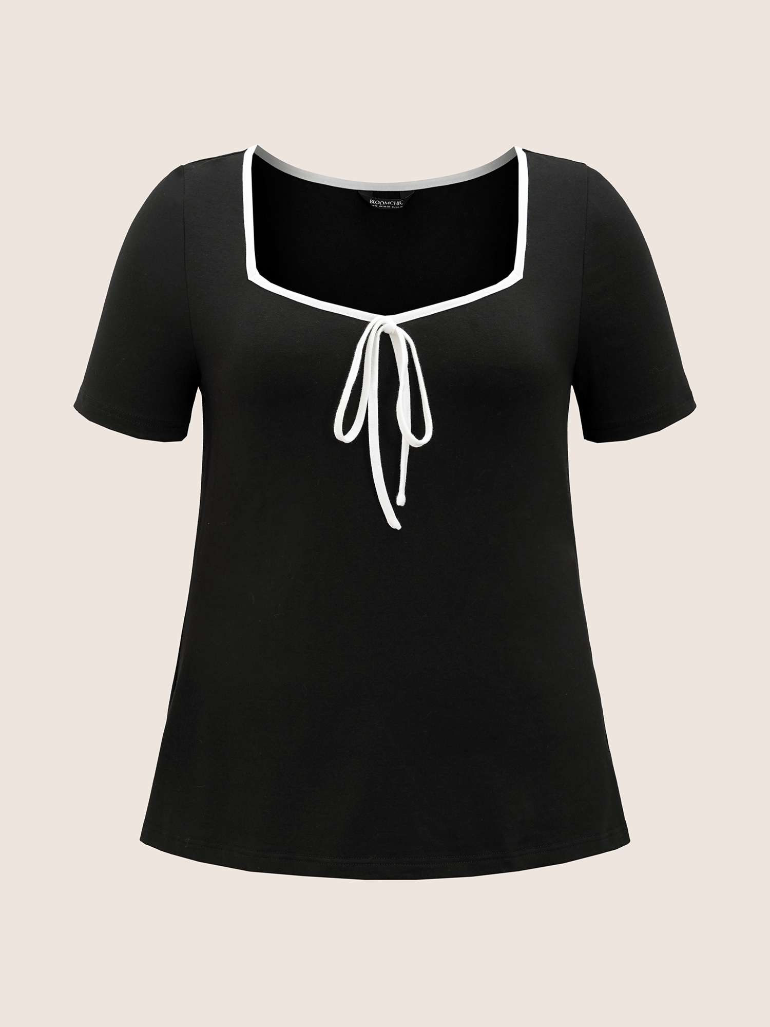 

Plus Size Square Neck Contrast Trim Tie Knot T-shirt Black Women Elegant Tie knot Square Neck Bodycon Everyday T-shirts BloomChic