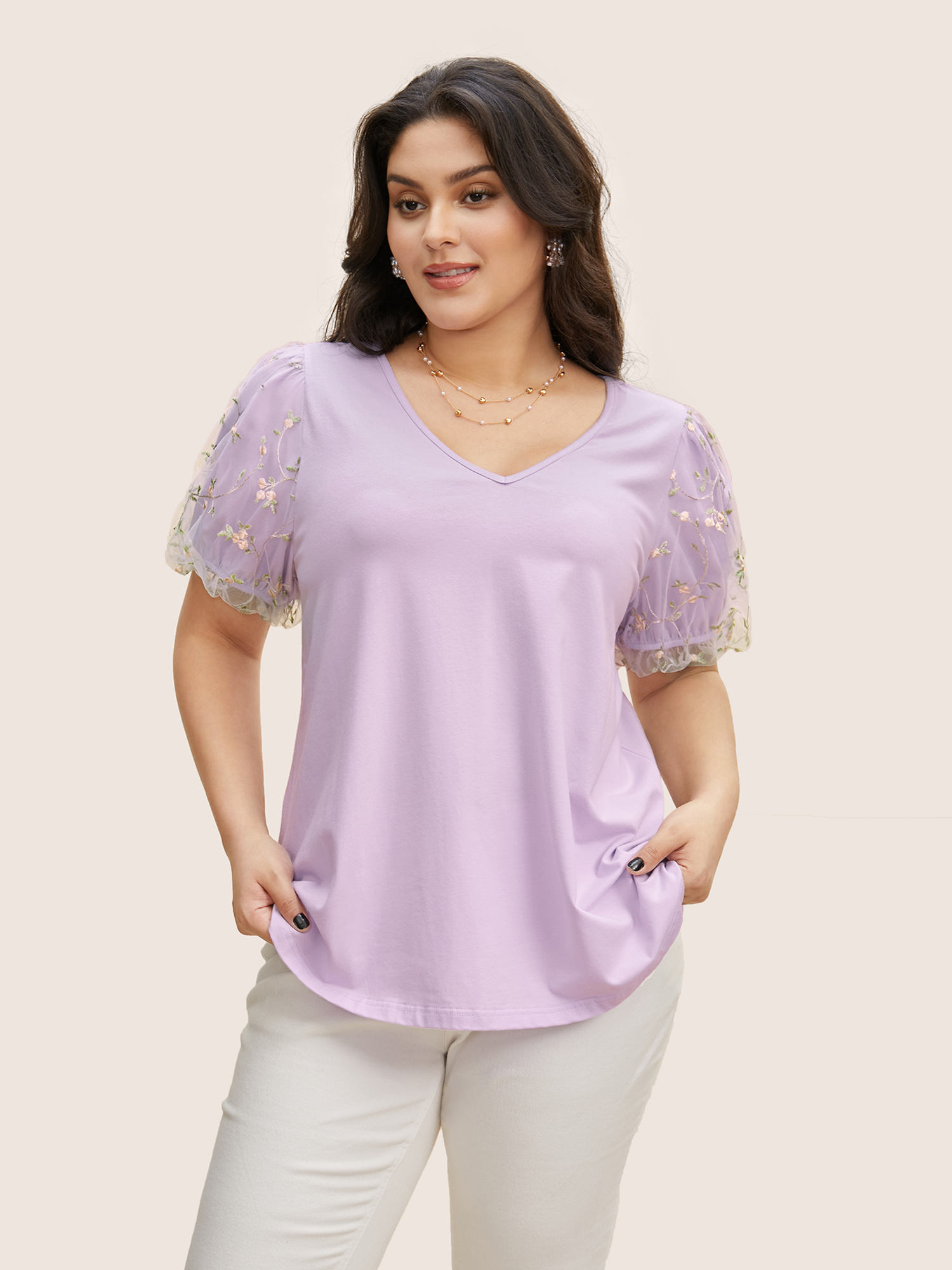 

Plus Size V Neck Mesh Floral Embroidered T-shirt Lilac Women Elegant See through V-neck Everyday T-shirts BloomChic