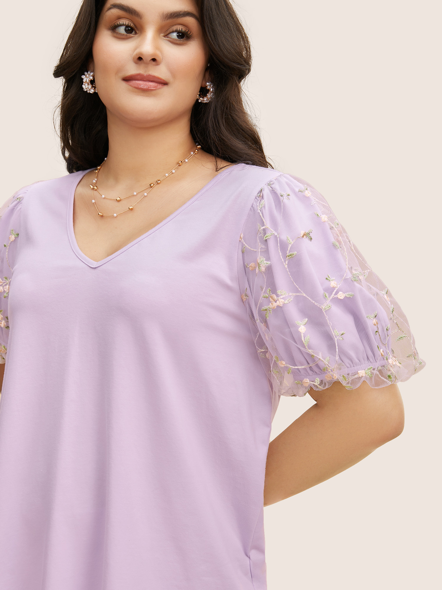 

Plus Size V Neck Mesh Floral Embroidered T-shirt Lilac Women Elegant See through V-neck Everyday T-shirts BloomChic