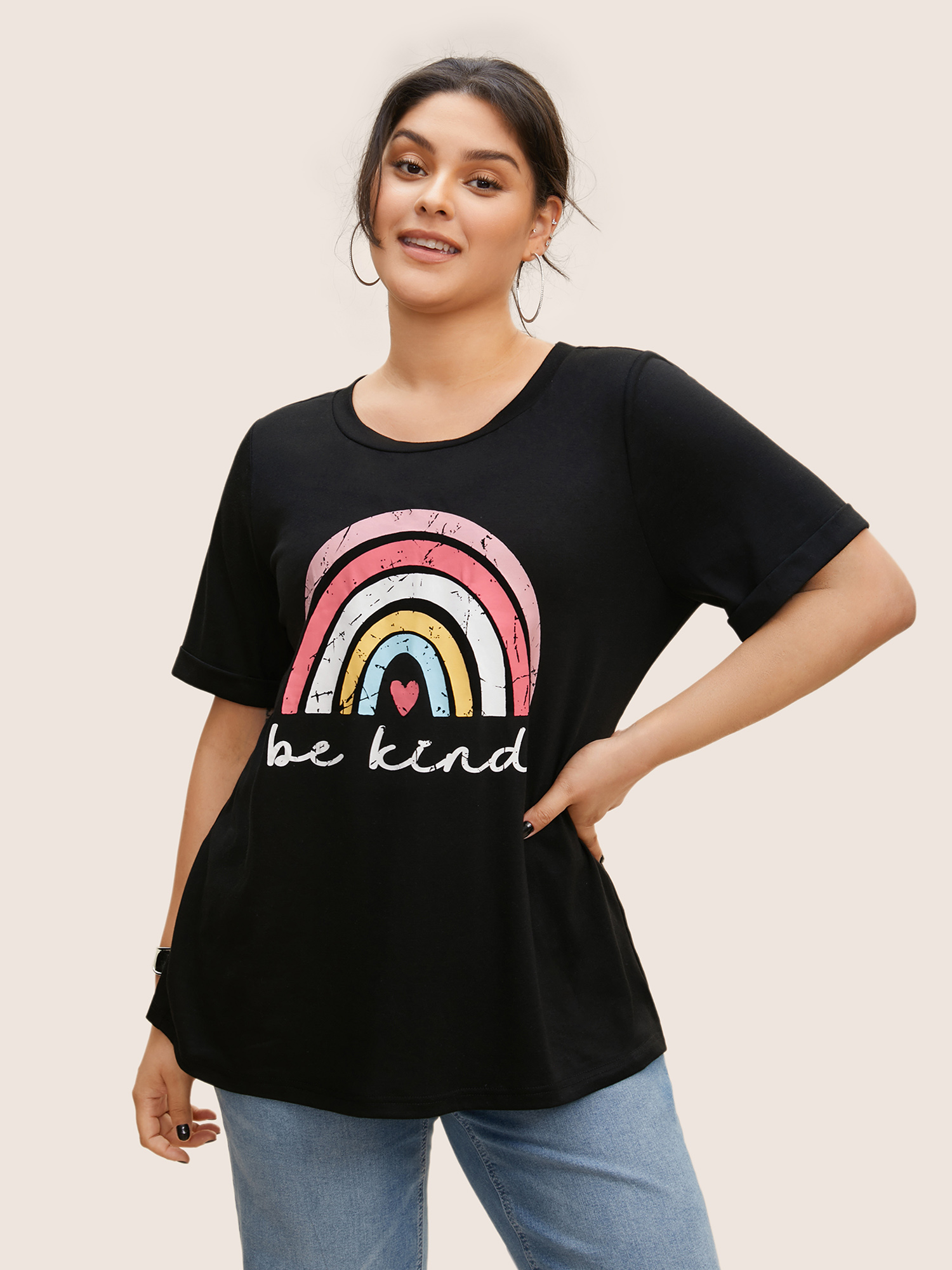 

Plus Size Vintage Rainbow Print Crew Neck T-shirt Black Women Casual Positive slogan Round Neck Everyday T-shirts BloomChic