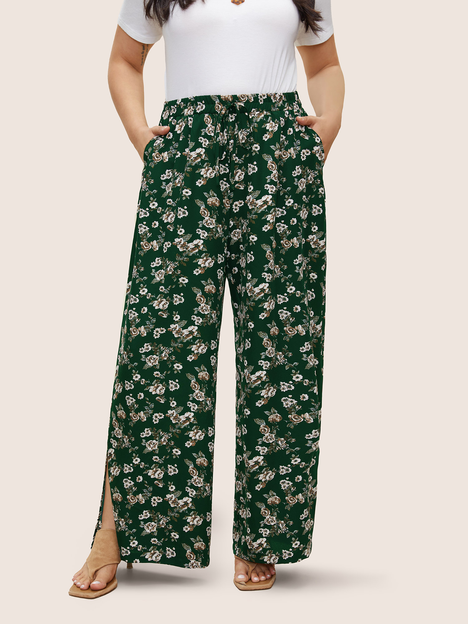 

Plus Size Ditsy Floral Ties Split Hem Wide Leg Pants Women Emerald Resort Wide Leg High Rise Vacation Pants BloomChic