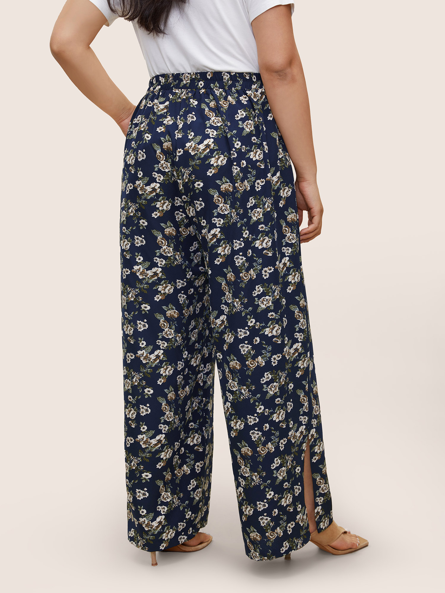 

Plus Size Ditsy Floral Ties Split Hem Wide Leg Pants Women Indigo Resort Wide Leg High Rise Vacation Pants BloomChic