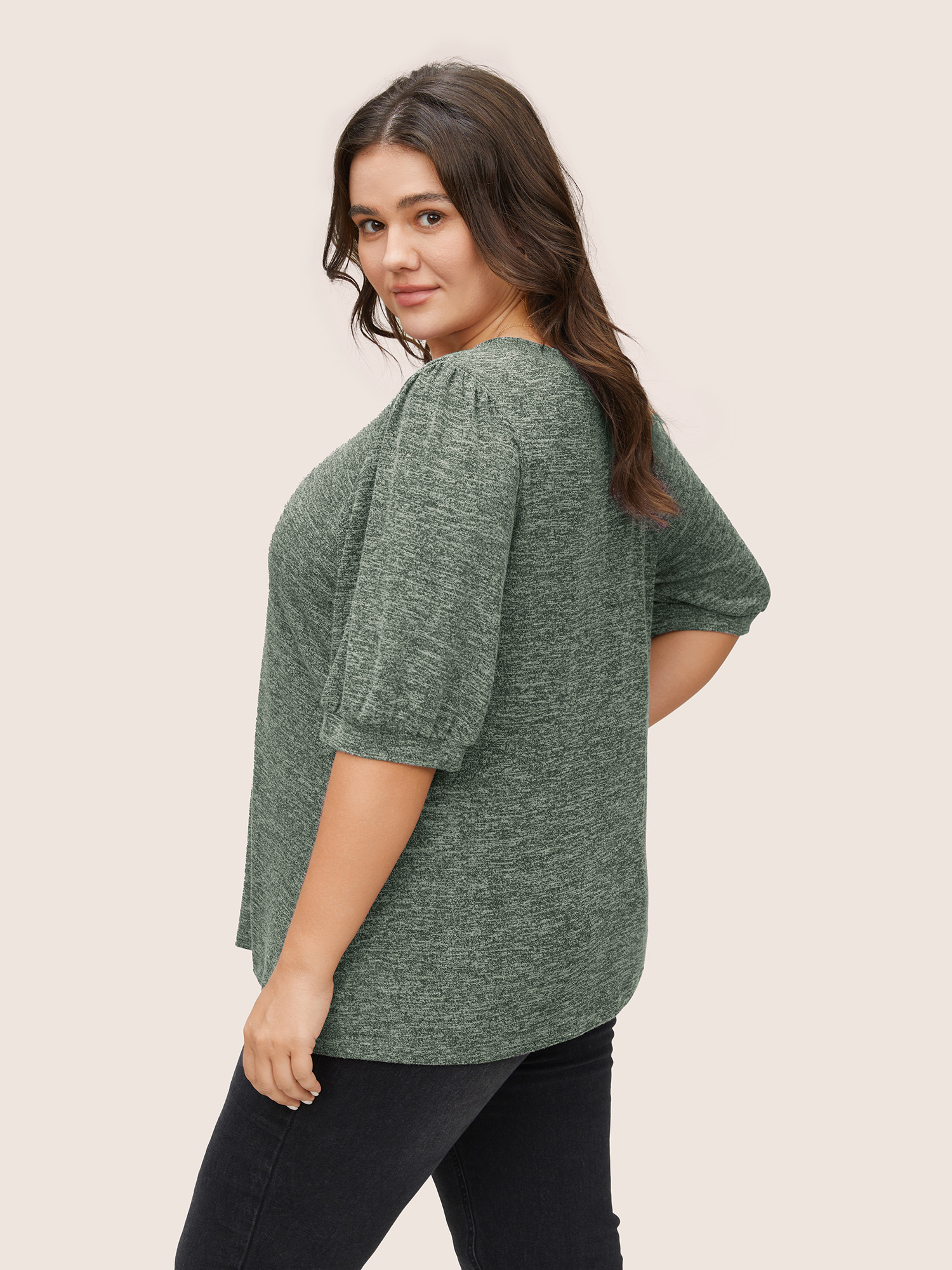 

Plus Size Heather Button Detail Puff Sleeve T-shirt Emerald Women Casual Gathered Plain V-neck Everyday T-shirts BloomChic