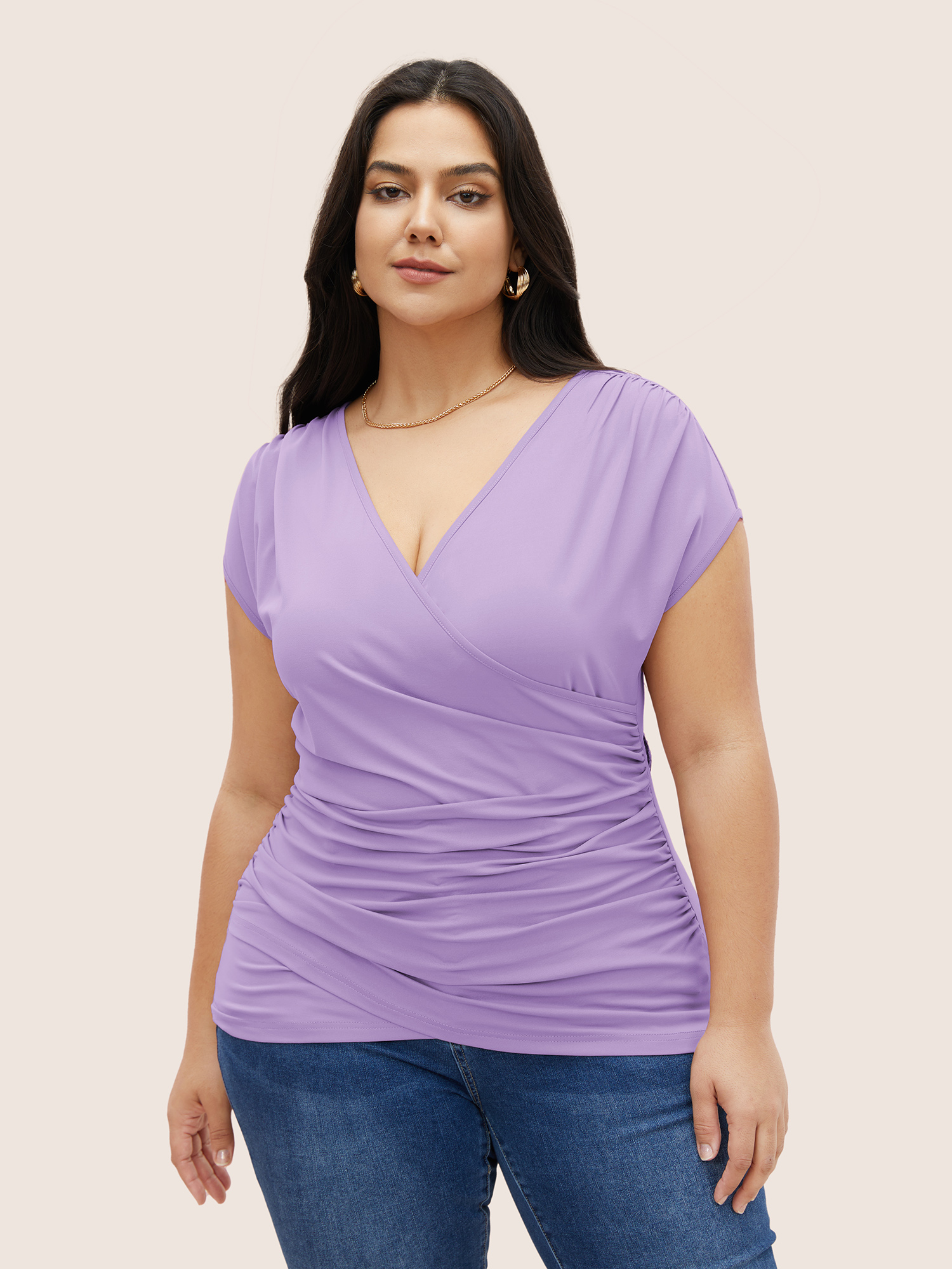 

Plus Size Plain Ruched Overlap Collar Dolman Sleeve Knit Top Lavender Women Elegant Overlapping Deep V-neck Everyday T-shirts BloomChic