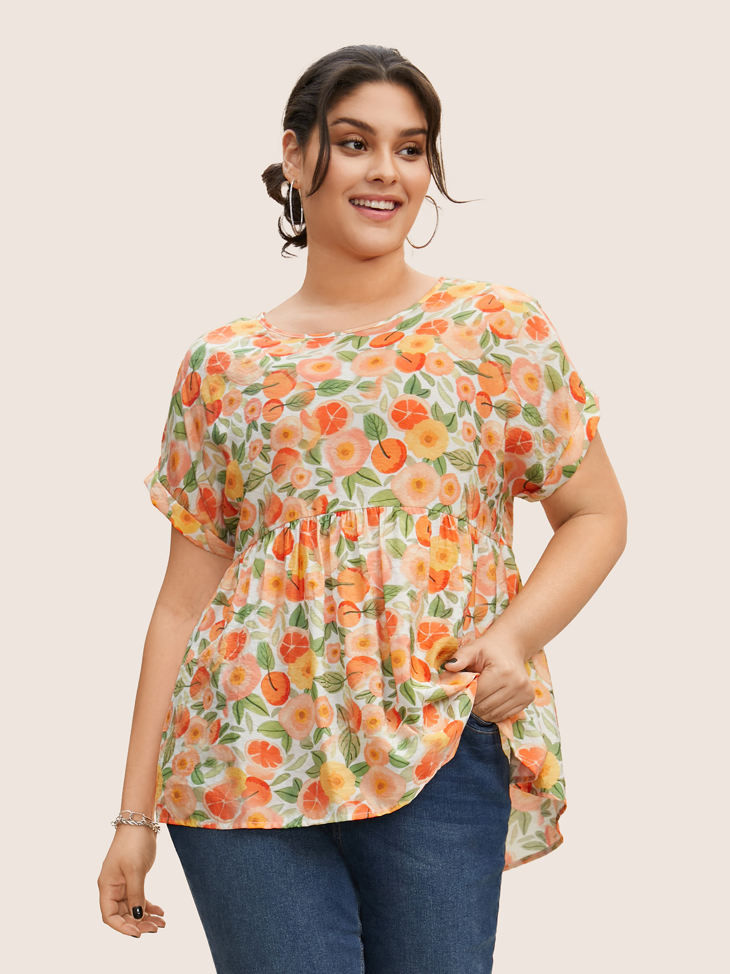 

Plus Size Salmon Fruit Print Curved Hem Batwing Sleeve Blouse Women Casual Cap Sleeve Round Neck Everyday Blouses BloomChic
