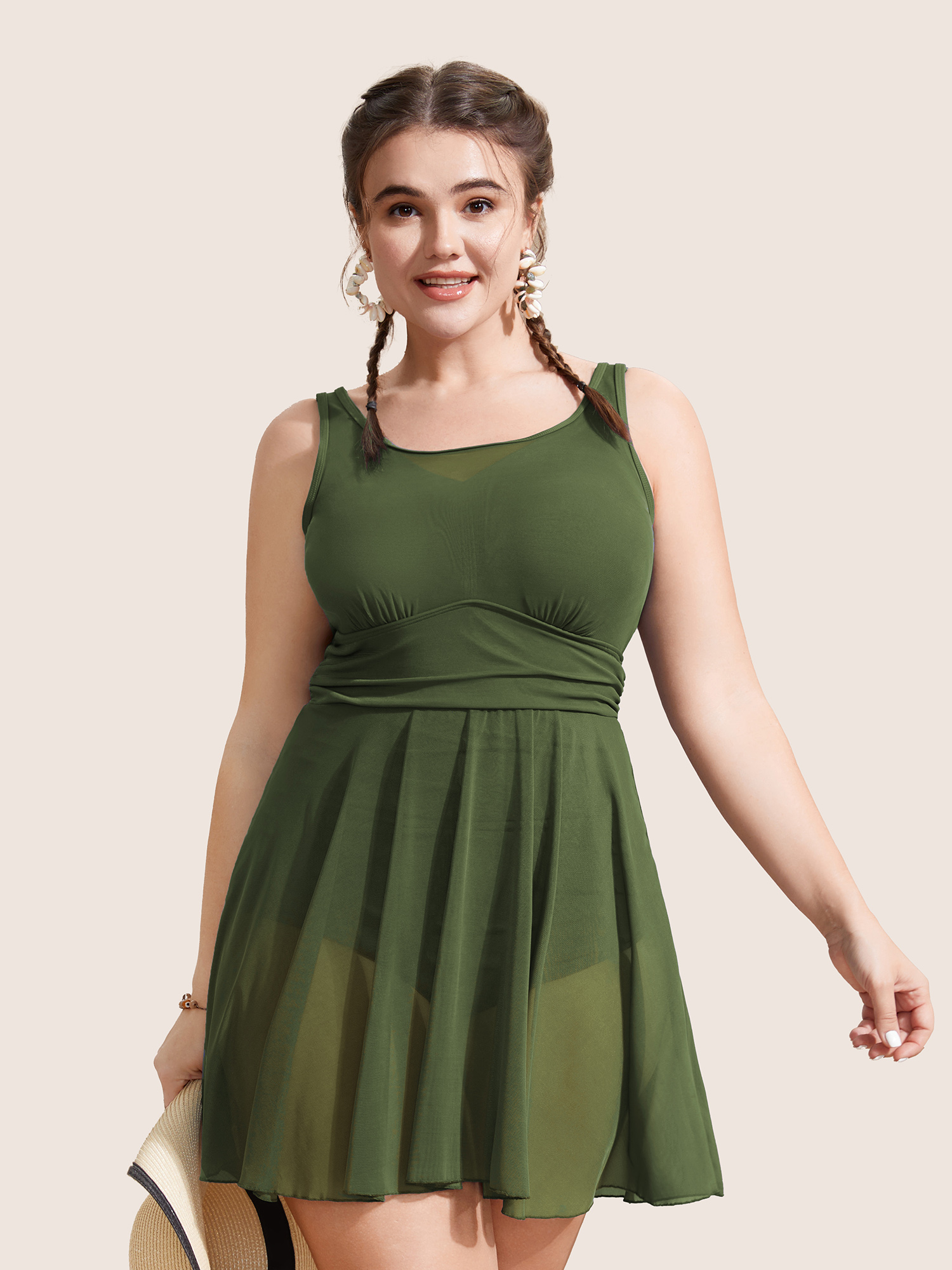 

Plus Size See Through Patchwork Gathered Swim Dress Women's Swimwear ArmyGreen Beach Bodycon Round Neck High stretch Curve Swim Dresses BloomChic