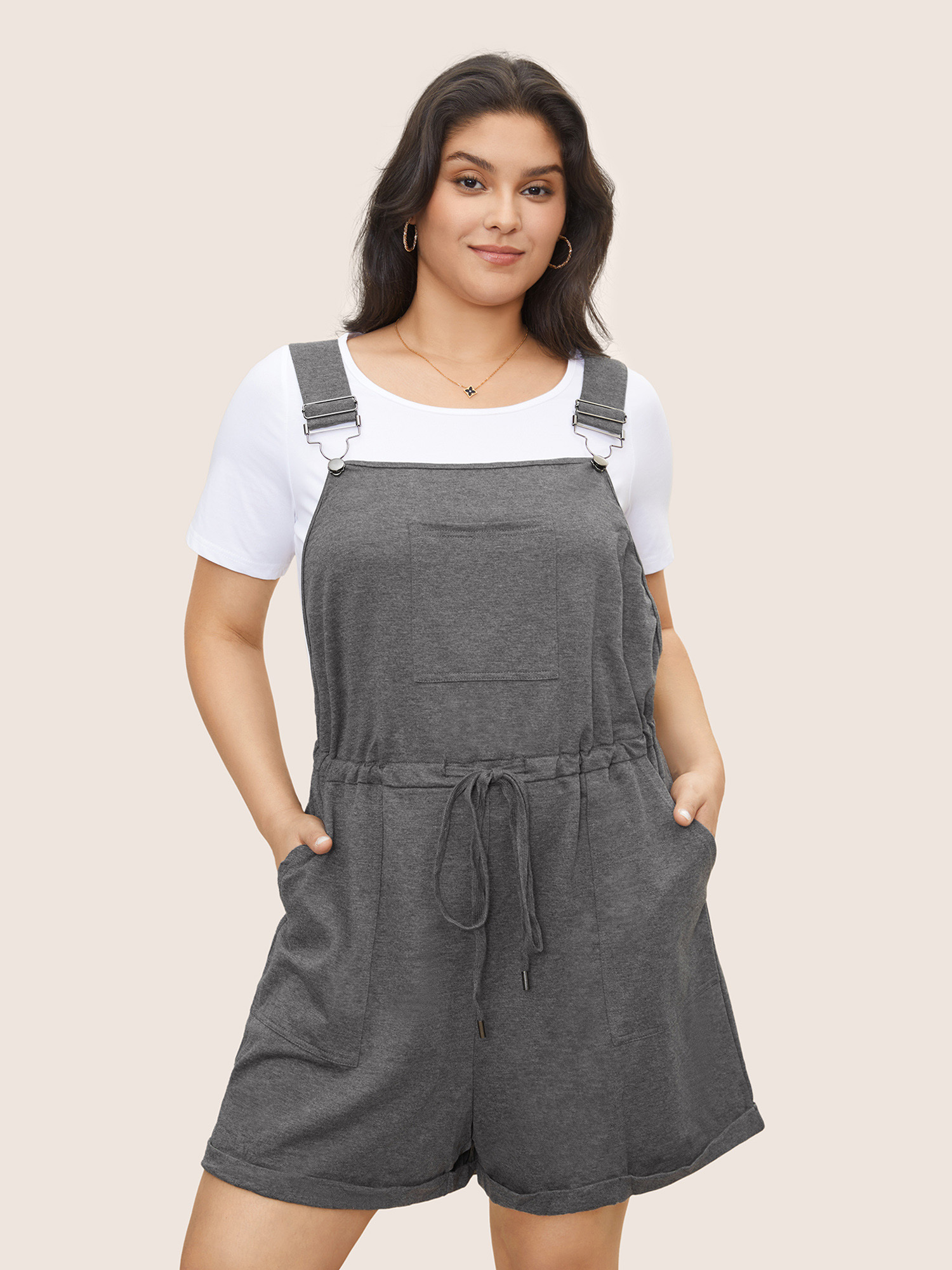 

Plus Size DimGray Solid Pocket Drawstring Overall Romper Women Casual Sleeveless Non Everyday Loose Jumpsuits BloomChic