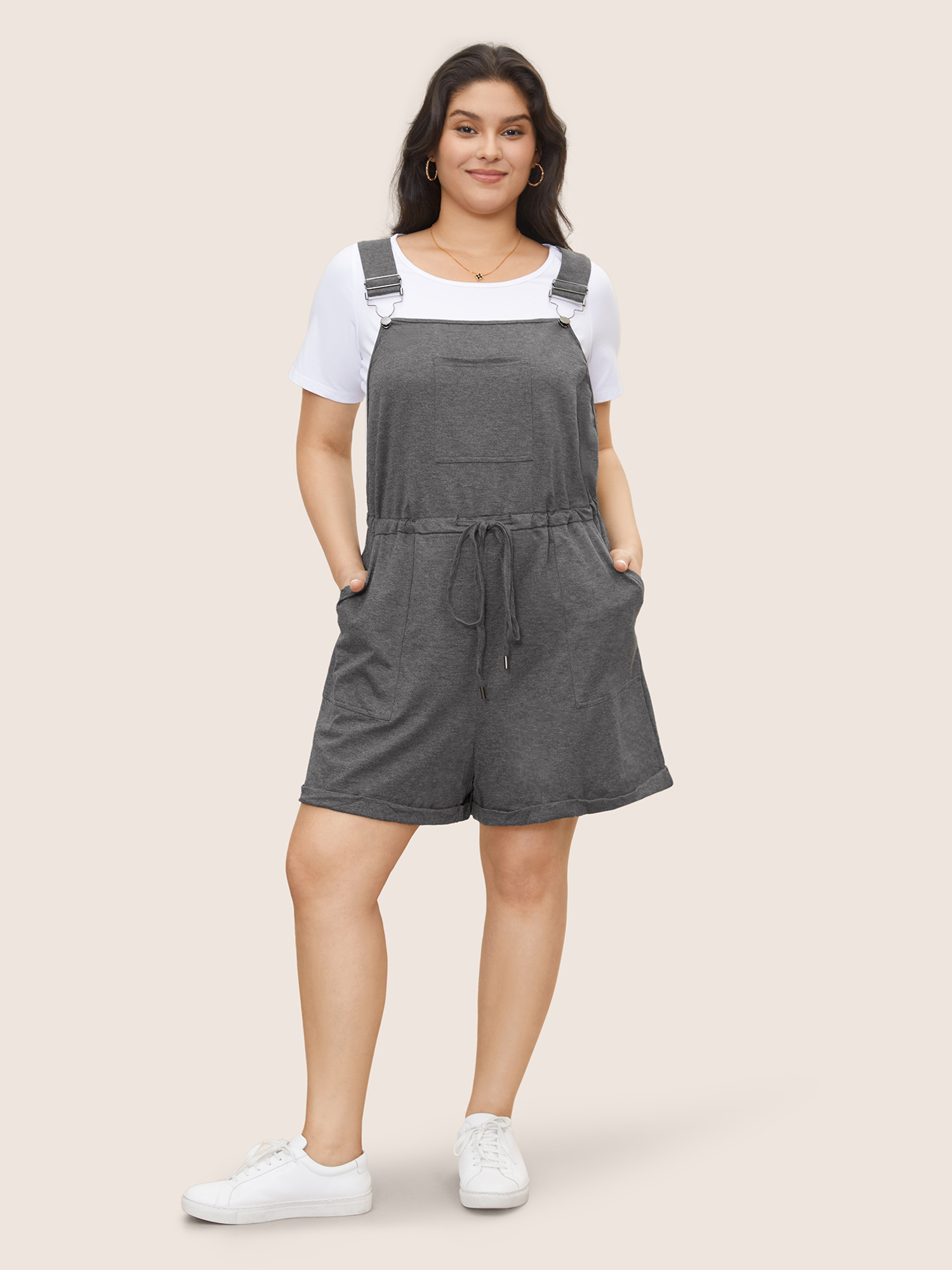 

Plus Size DimGray Solid Pocket Drawstring Overall Romper Women Casual Sleeveless Non Everyday Loose Jumpsuits BloomChic