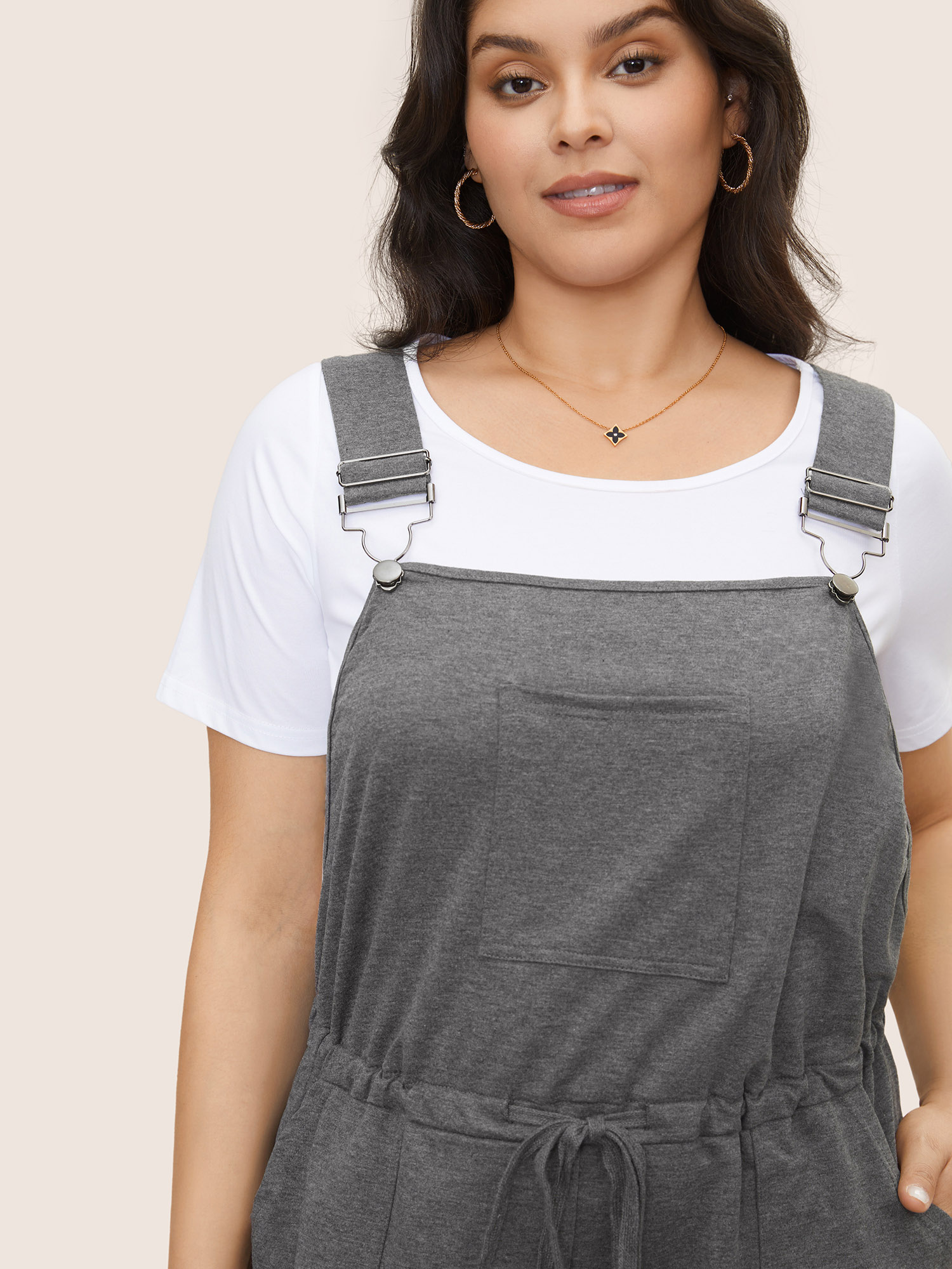 Plus Size DimGray Solid Pocket Drawstring Overall Romper Women Casual Sleeveless Non Everyday Loose Jumpsuits BloomChic 12/L 