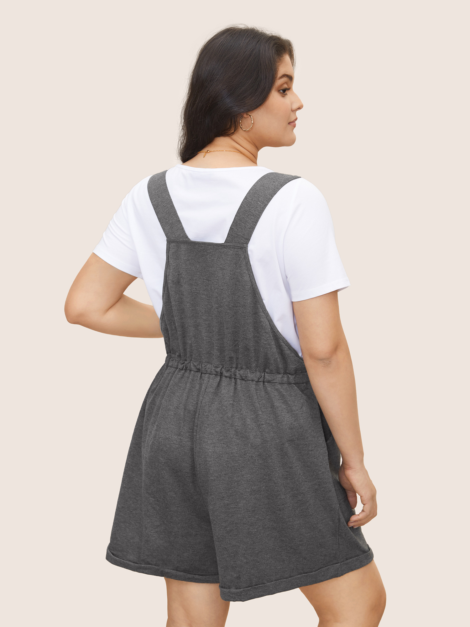 Plus Size DimGray Solid Pocket Drawstring Overall Romper Women Casual Sleeveless Non Everyday Loose Jumpsuits BloomChic 12/L 