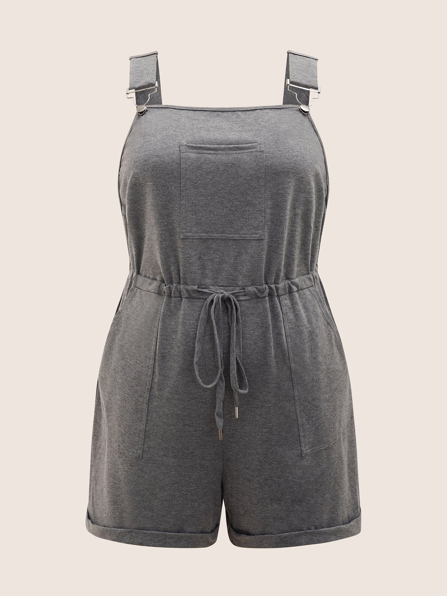 Plus Size DimGray Solid Pocket Drawstring Overall Romper Women Casual Sleeveless Non Everyday Loose Jumpsuits BloomChic 12/L 