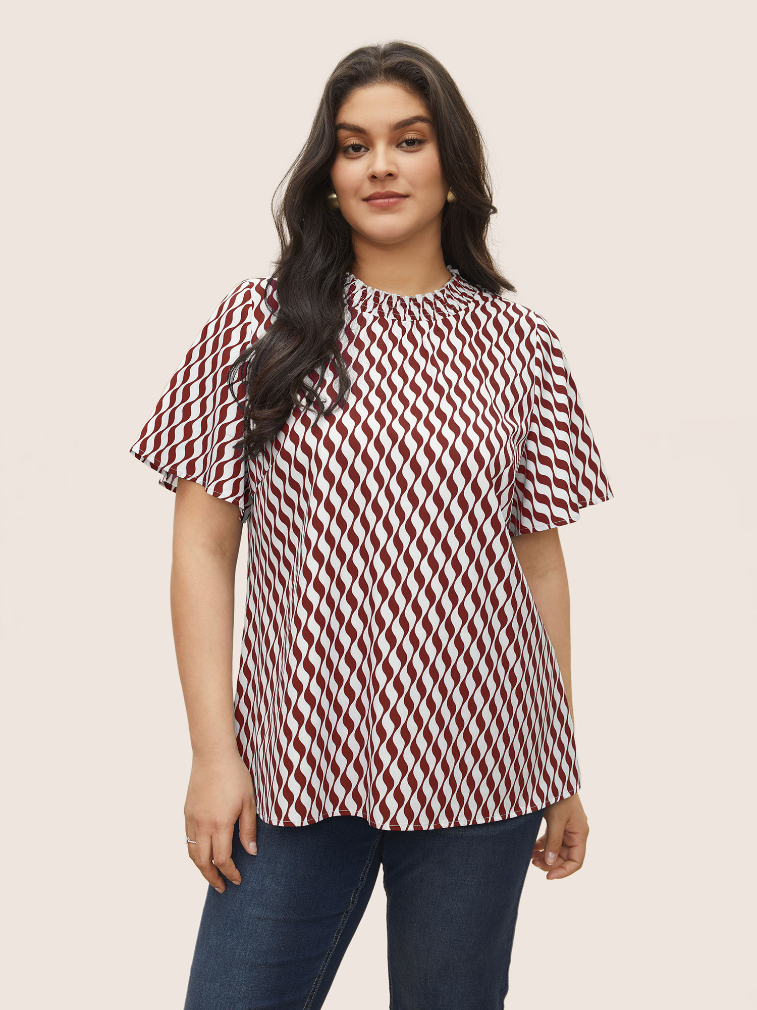 

Plus Size Burgundy Geometric Mock Neck Shirred Ruffle Sleeve Blouse Women At the Office Short sleeve Mock Neck Work Blouses BloomChic