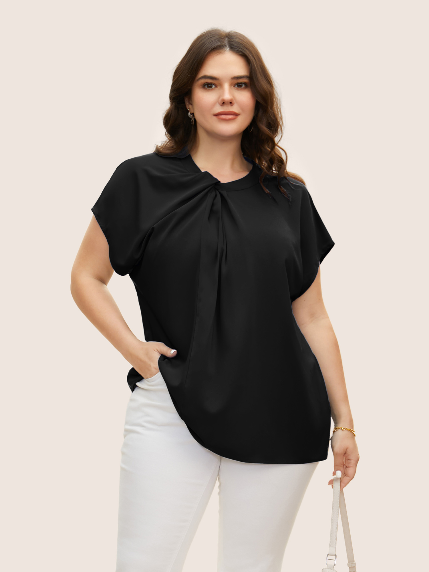 

Plus Size Black Twist Front Pleated Dolman Sleeve Blouse Women At the Office Short sleeve Mock Neck Work Blouses BloomChic