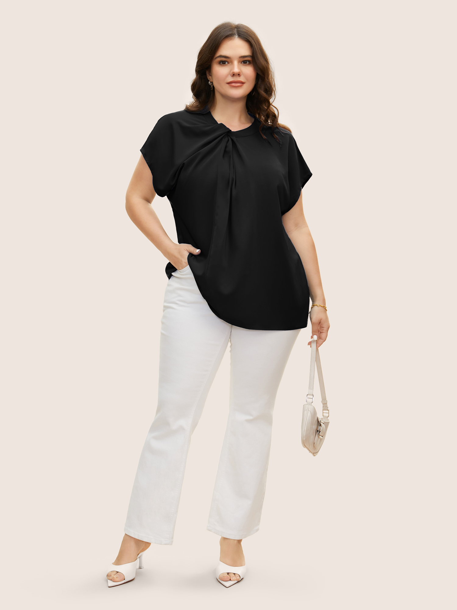 

Plus Size Black Twist Front Pleated Dolman Sleeve Blouse Women At the Office Short sleeve Mock Neck Work Blouses BloomChic