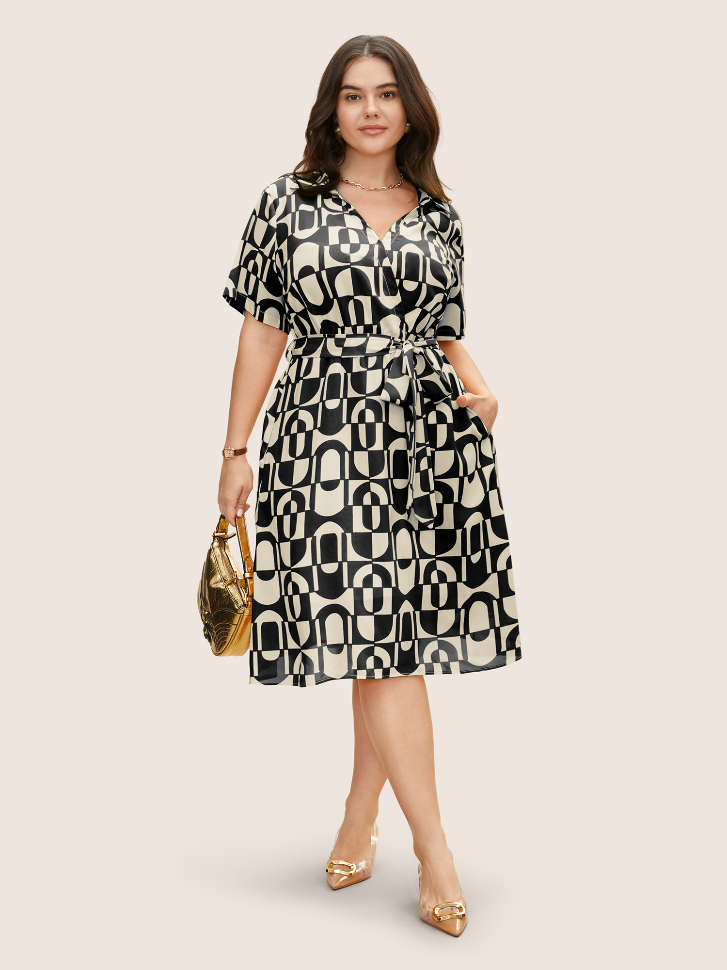 

Plus Size Overlap Collar Geometric Belted Midi Dress Black Women Belted Overlap Collar Short sleeve Curvy BloomChic