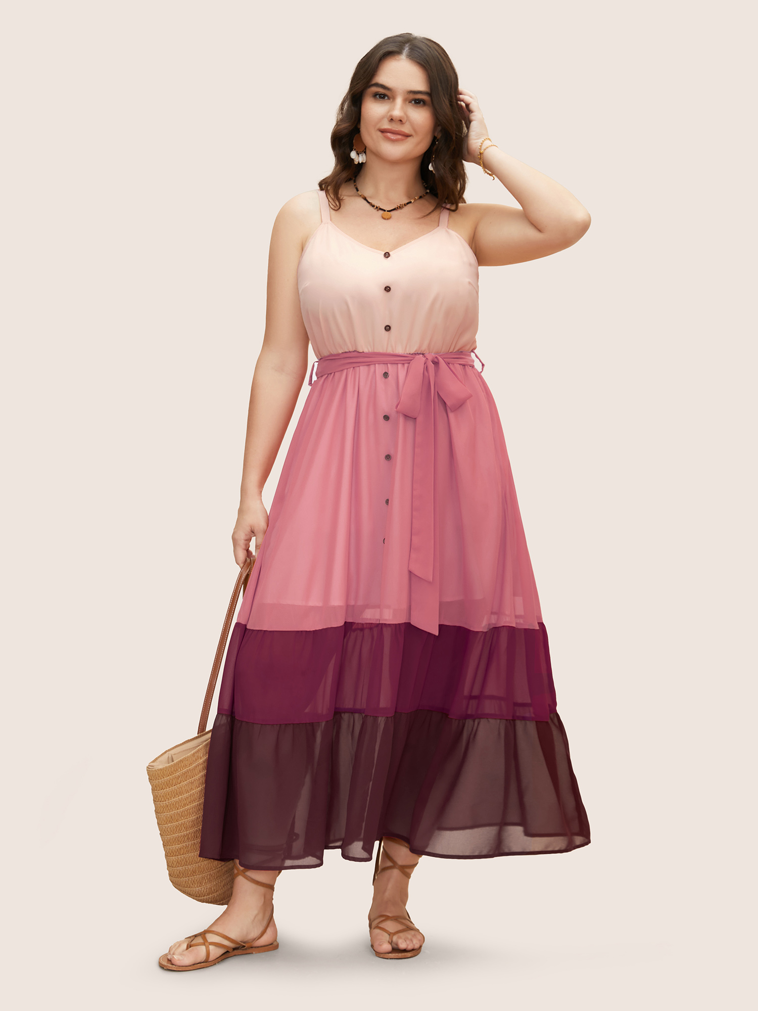 

Plus Size Colorblock Contrast Button Detail Slit Front Dress DustyPink Women Resort See through V-neck Sleeveless Curvy BloomChic