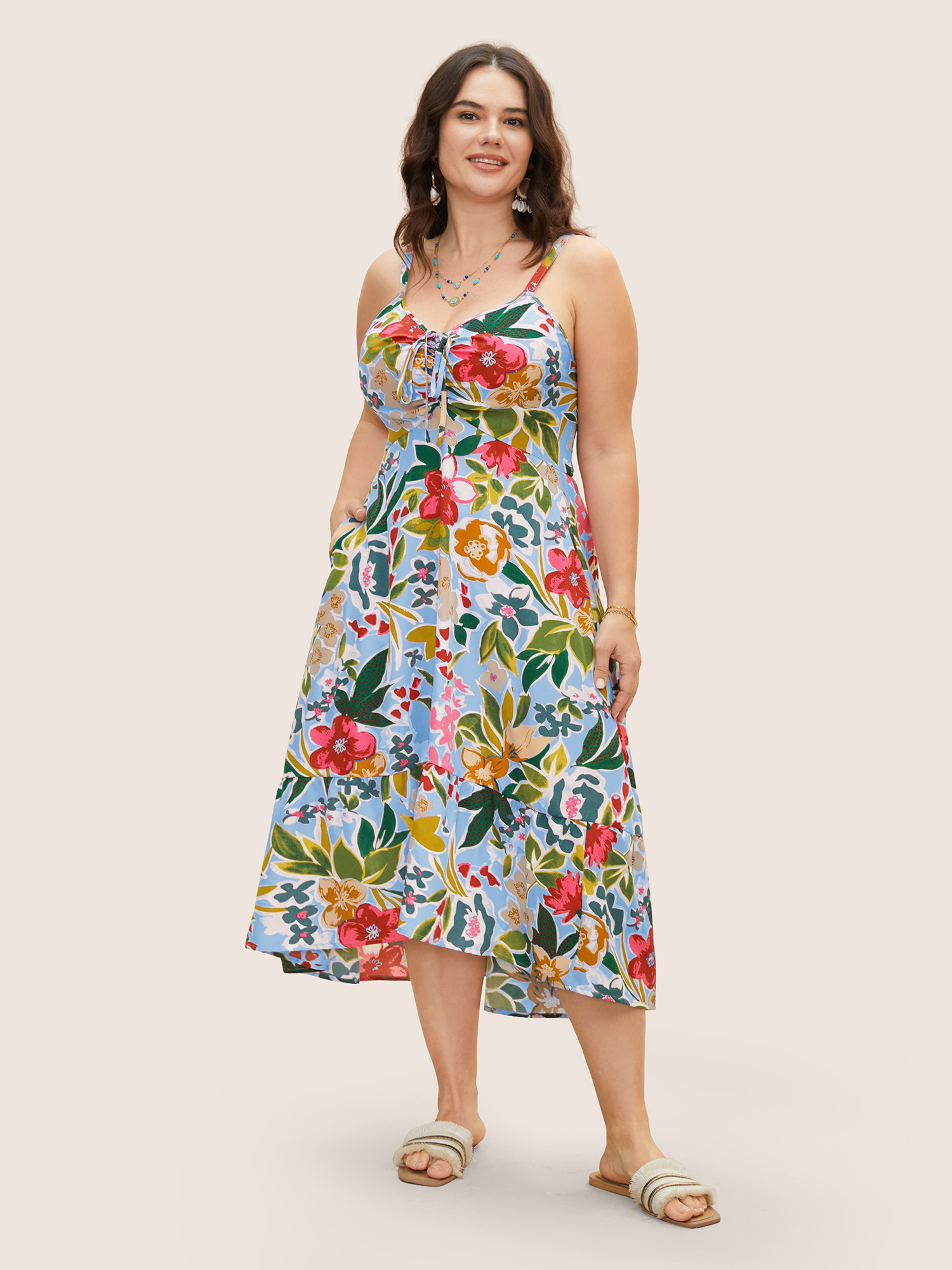Plus Size Floral Drawstring High Low Hem Cami Dress LightBlue Women Drawstring V-neck Sleeveless Curvy BloomChic 26/4X 