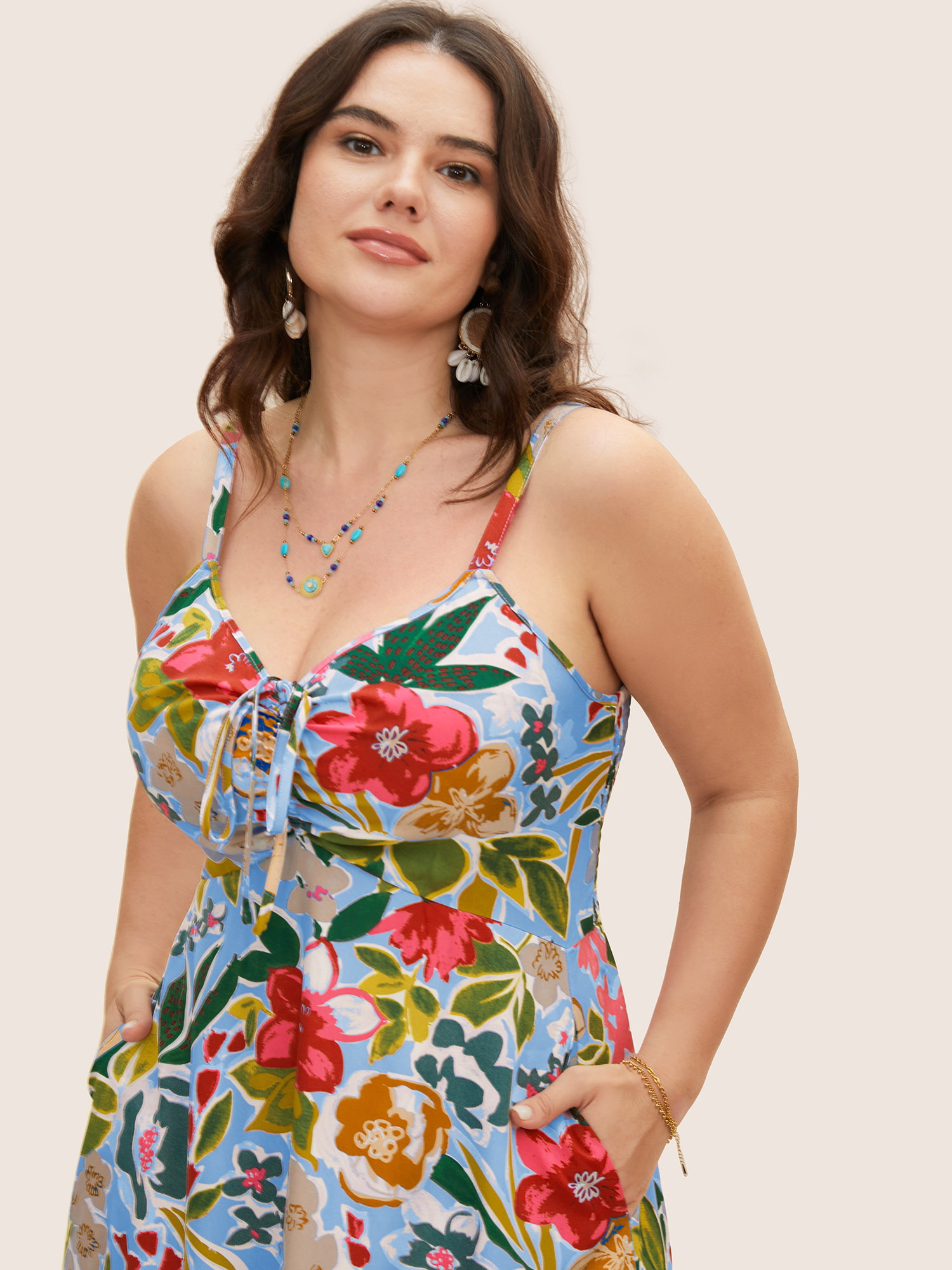 

Plus Size Floral Drawstring High Low Hem Cami Dress LightBlue Women Resort Drawstring V-neck Sleeveless Curvy BloomChic