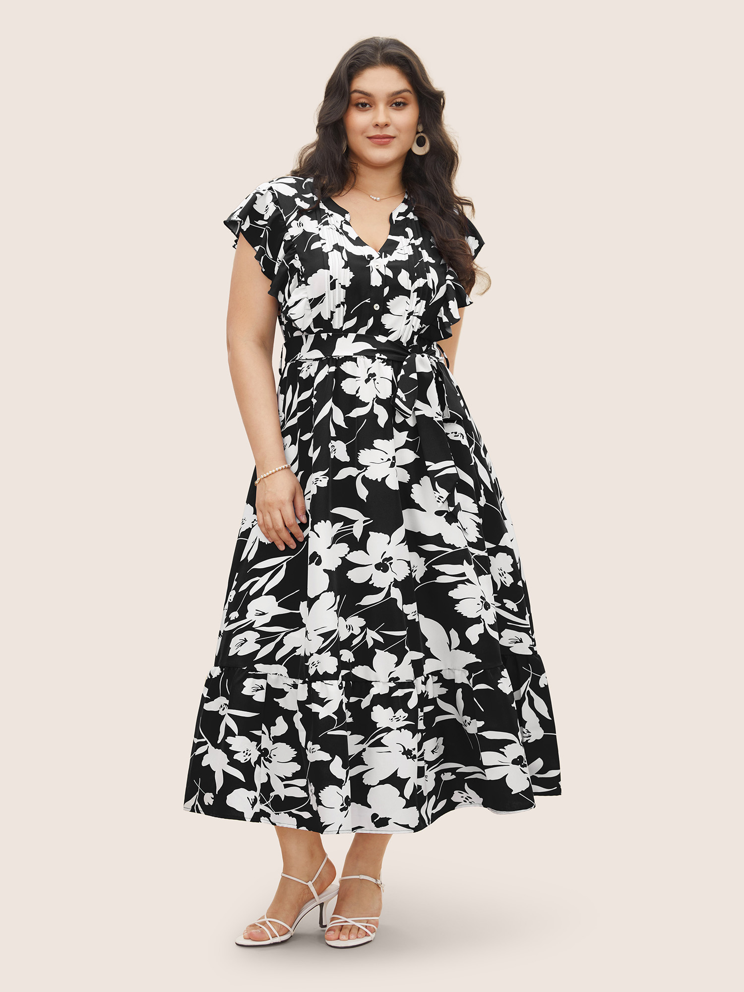 

Plus Size Silhouette Floral Print Ruffle Cap Sleeve Dress Black Women Belted V-neck Sleeveless Curvy Midi Dress BloomChic