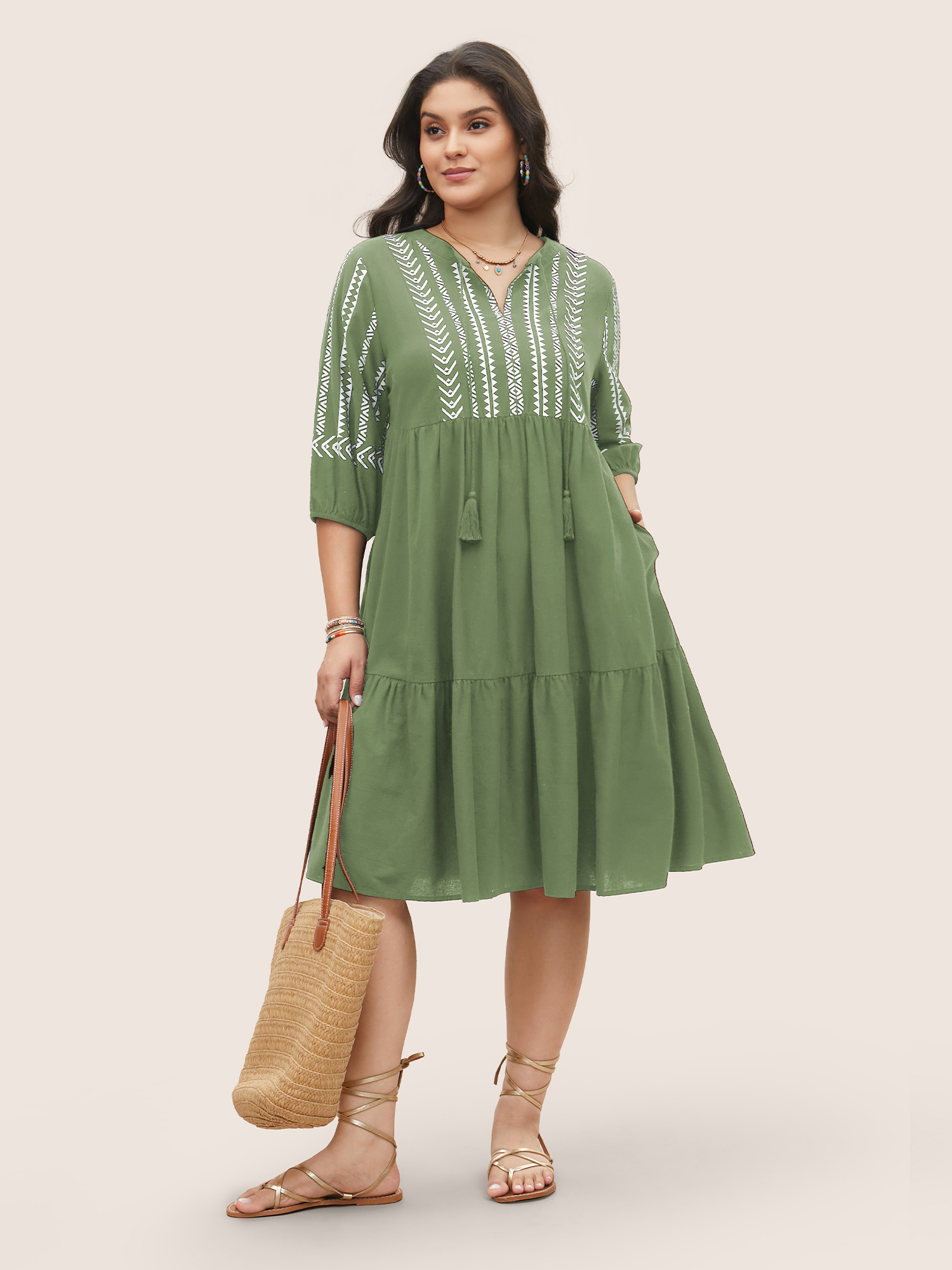 

Plus Size Geometric Bandana Print Knot Neck Tassel Trim Dress ArmyGreen Women Non V-neck Short sleeve Curvy Knee Dress BloomChic