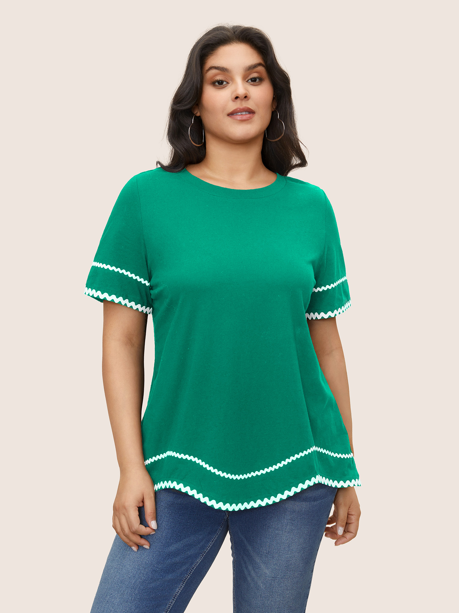 

Plus Size Cotton Contrast Trim Round Neck T-shirt Teal Women Casual Contrast Round Neck Everyday T-shirts BloomChic