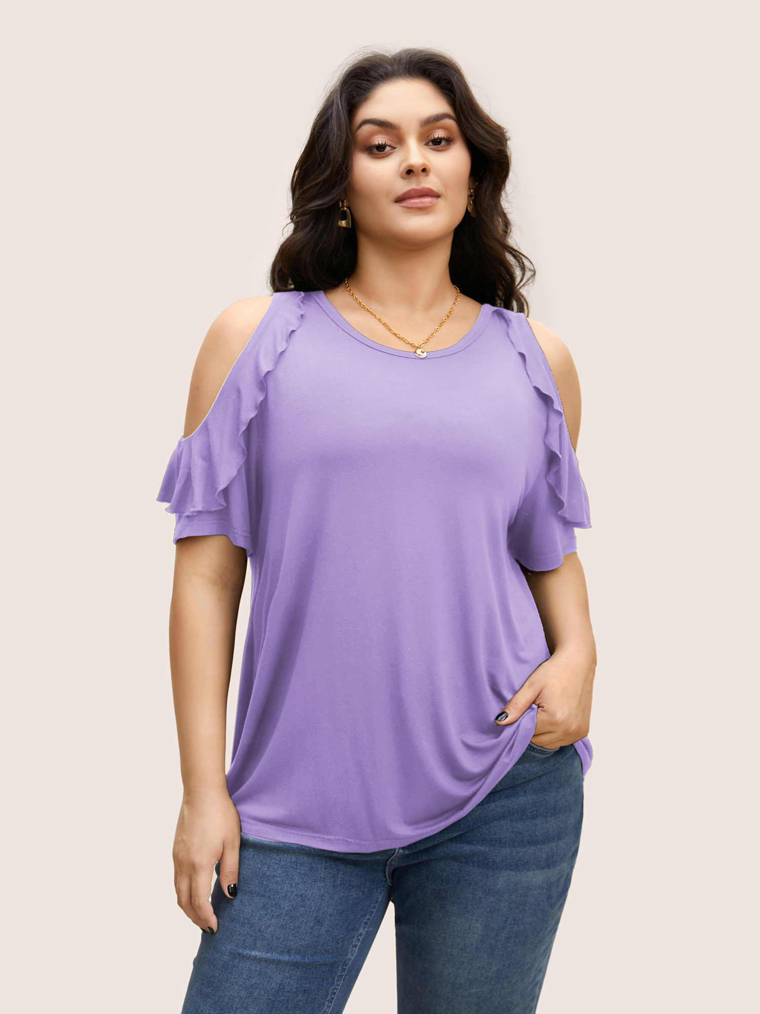 

Plus Size Solid Cold Shoulder Ruffle Trim T-shirt Lilac Women Elegant Ruffles Round Neck Everyday T-shirts BloomChic