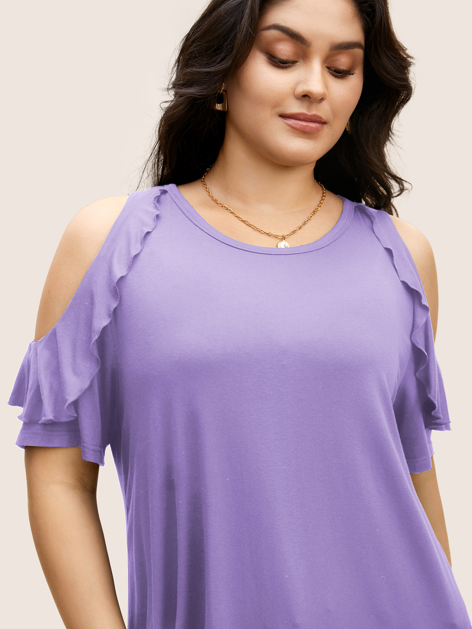 

Plus Size Solid Cold Shoulder Ruffle Trim T-shirt Lilac Women Elegant Ruffles Round Neck Everyday T-shirts BloomChic
