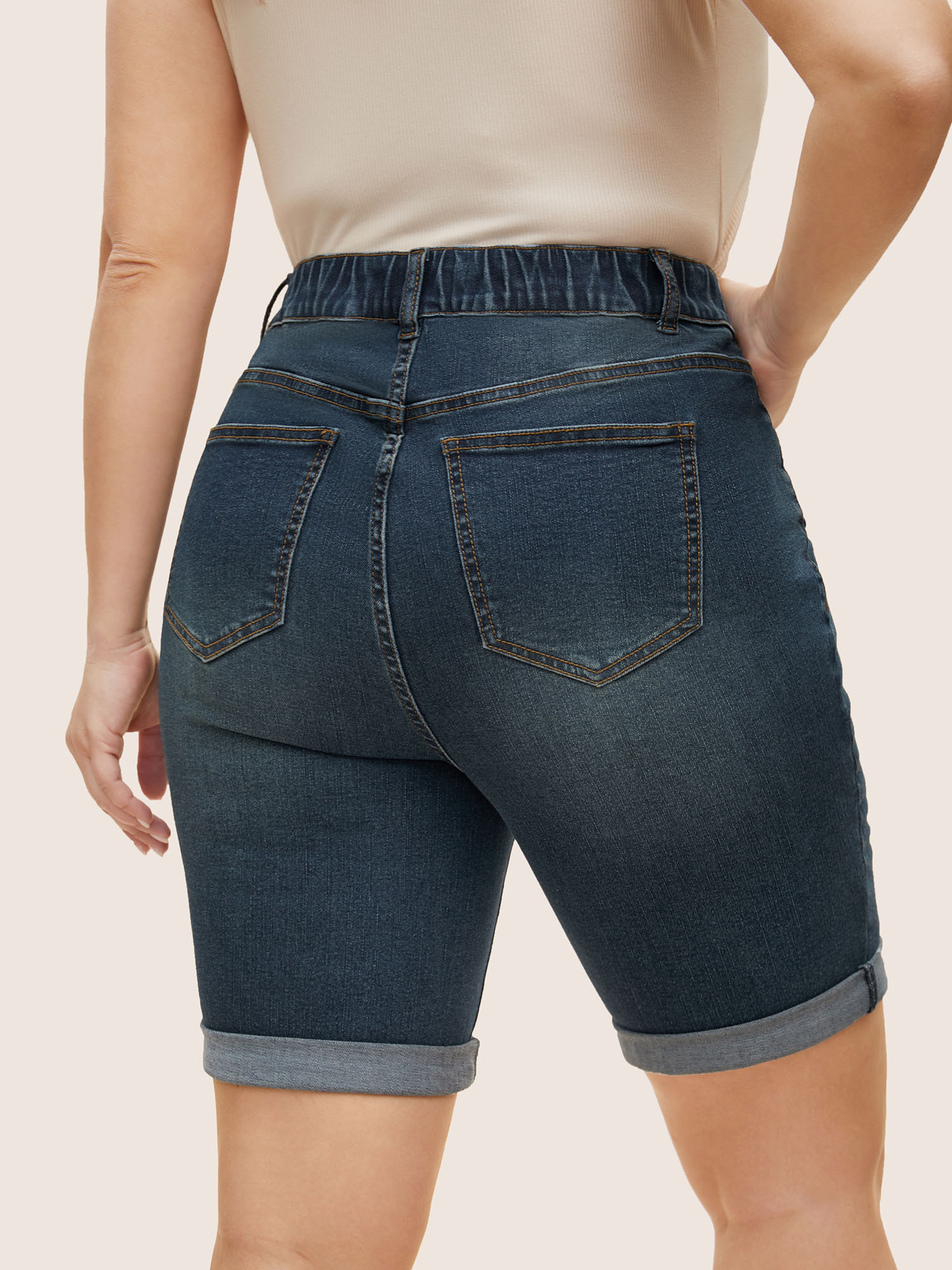 

Plus Size Vintage High stretch Roll Hem Denim Shorts Women Bluevintage Roll Hem High stretch Everyday Slanted pocket Casual Denim Shorts BloomChic